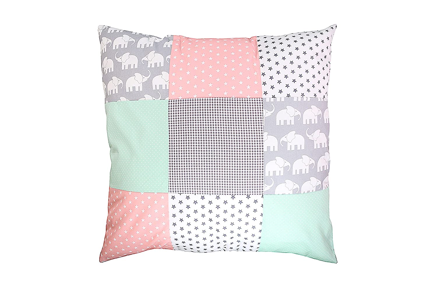 Honest Forwarder | Ullenboom ® Patchwork Cushion Cover Elephant Mint Pink  (60 X 60 Cm Cushion