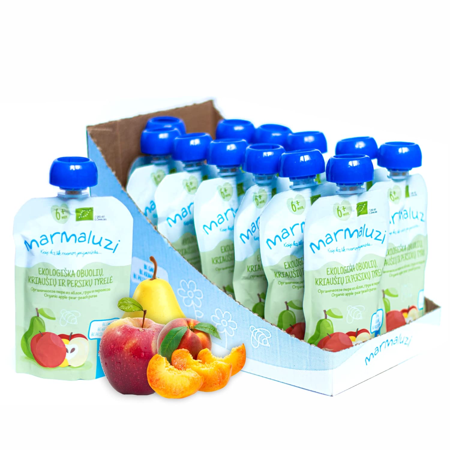 Bio Quetschbeutel von Marmaluzi - Premium Baby Quetschies für Kinder ab 6 Monaten - Fruchtmus ohne Zuckerzusatz und Zusatzstoffe - Apfel, Birne & Pfirsich - 14er Pack (14 x 90g.)