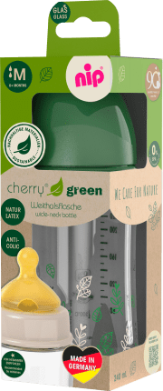 NIP Baby bottle made of glass cherry green latex Gr. M, green, from birth, 240ml, 1 pc