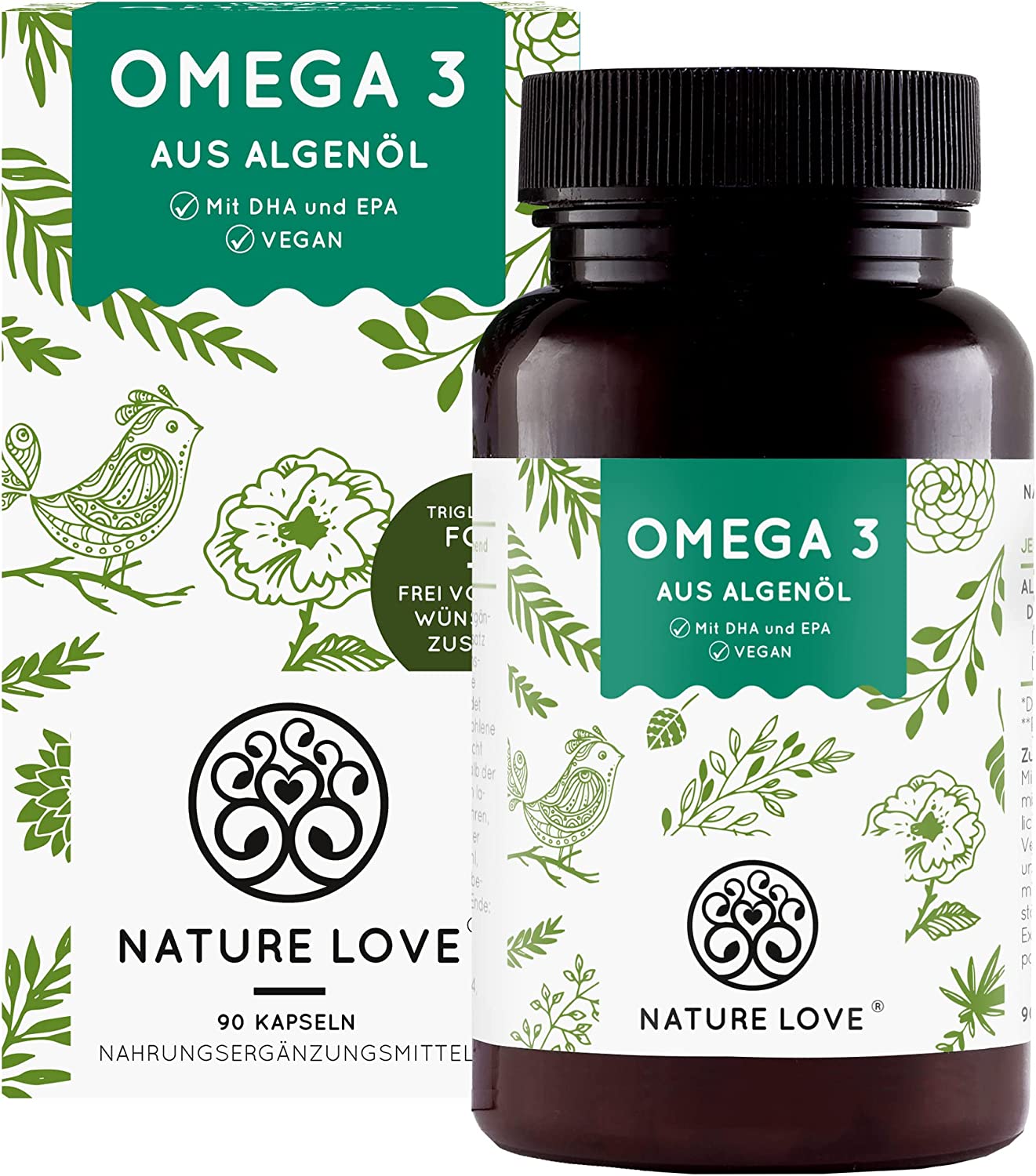 NATURE LOVE® Omega 3 made from algae oil, 90 capsules, life\'s®Omega brand raw material, vegan, laboratory-tested, produced in Germany