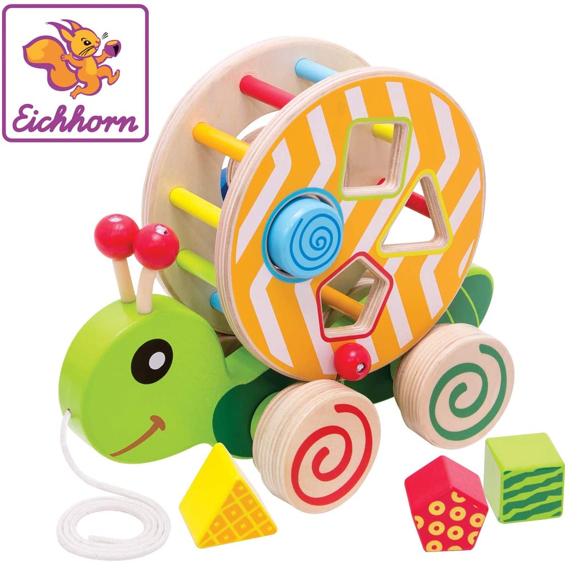 Eichhorn Pull-on Animal, with 4 different Birch wood Building Blocks for Children Aged 1 and up. Size: 15 x 24 x 19.5 cm