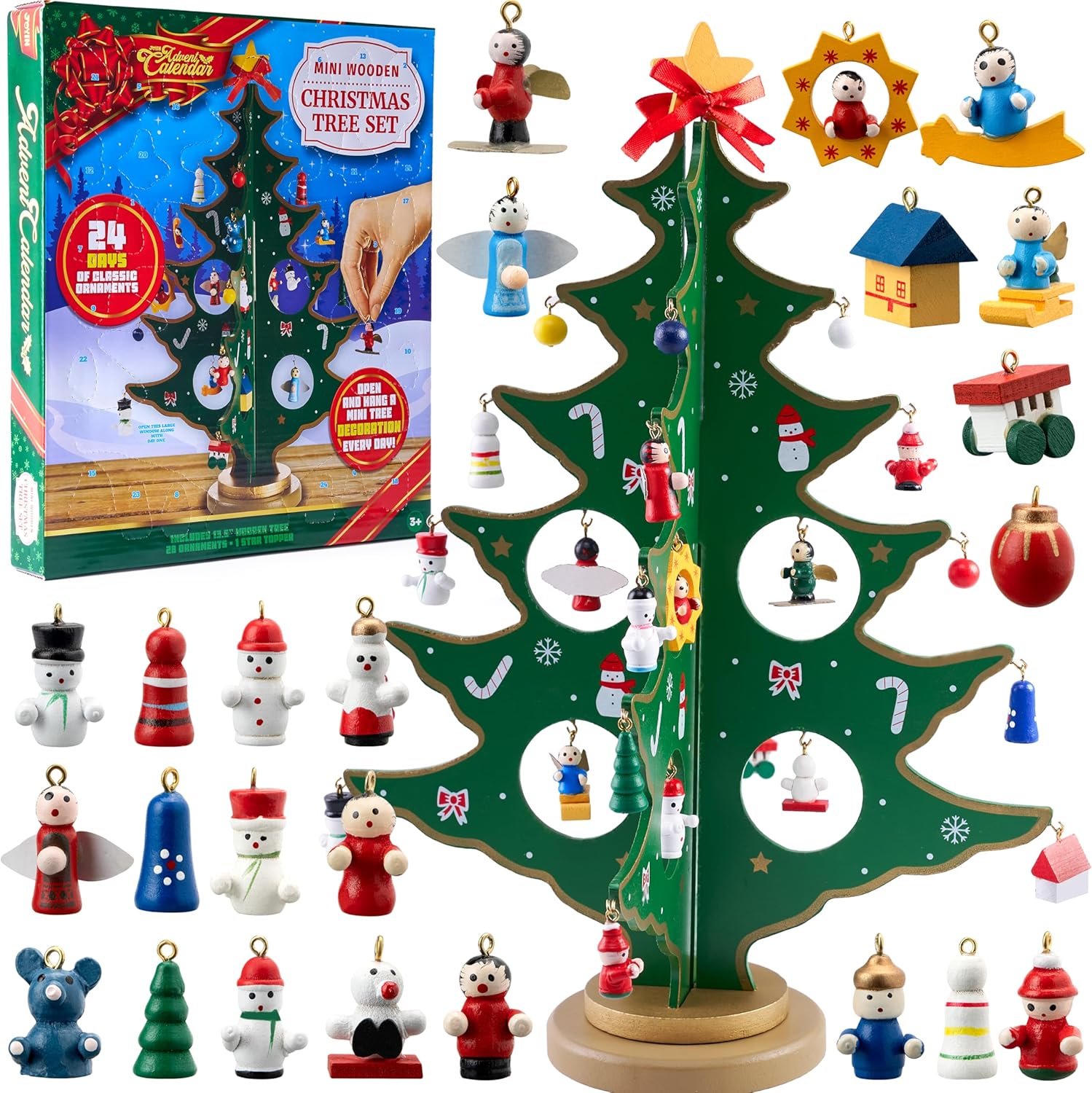 JOYIN Advent Calendar 2024 with Wooden Christmas Tree and 28 Ornaments, 24 Days Christmas Countdown Advent Calendar for Adults Boys Girls Children Toy Gifts Decoration