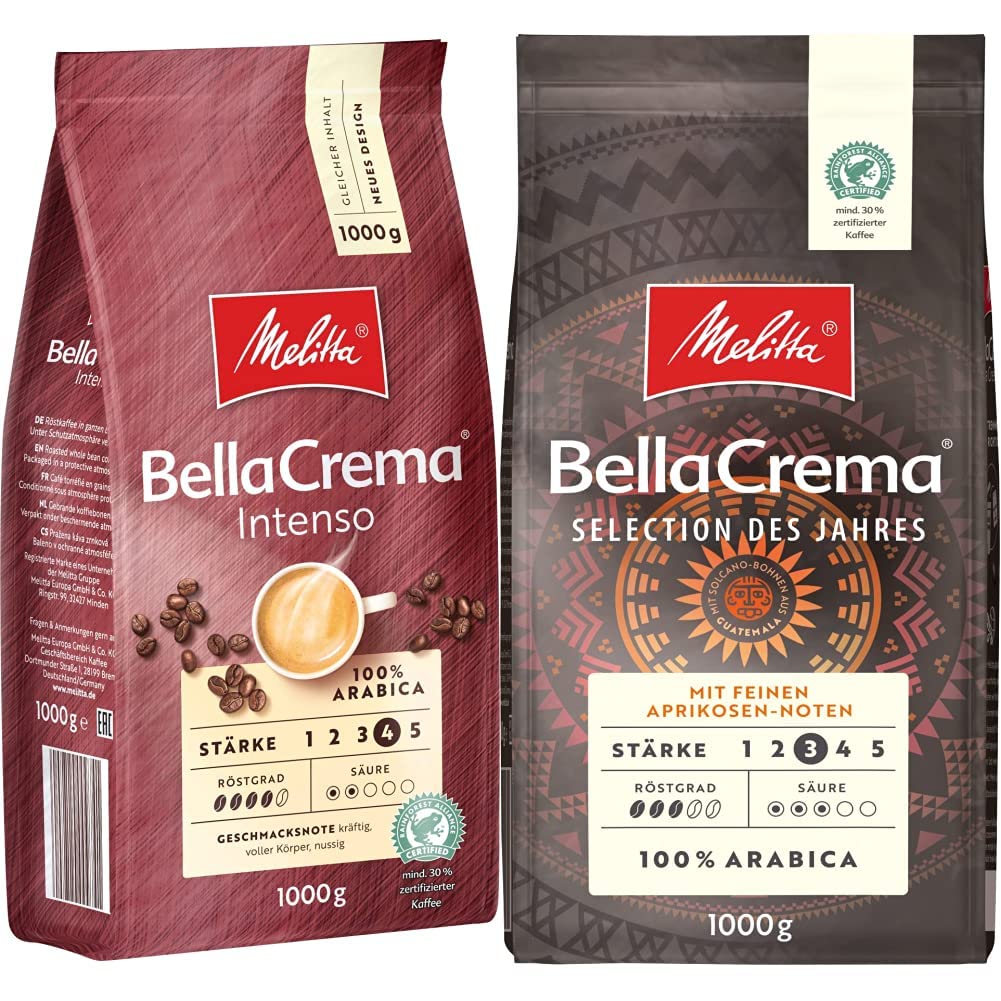 Melitta BellaCrema Intenso, Ganze Kaffeebohnen, Stärke 4, 1kg & BellaCrema Selection des Jahres, Ganze Kaffeebohnen, Stärke 3, 1kg
