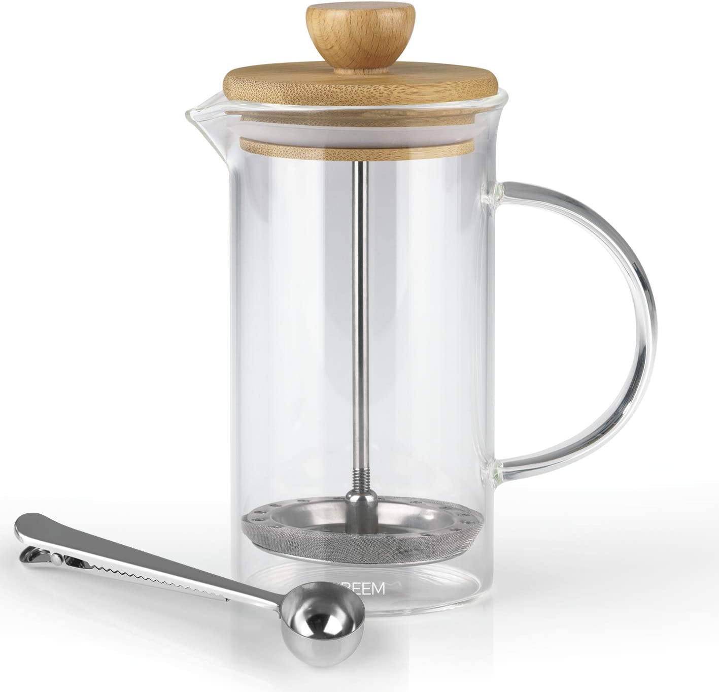 BEEM 5545 Coffee Press Coffee Maker - 0.35 L for 44230 Cups | French Press | Small Coffee Press with Dosing Spoon | Glass Jug with Bamboo Lid and Stainless Steel Filter