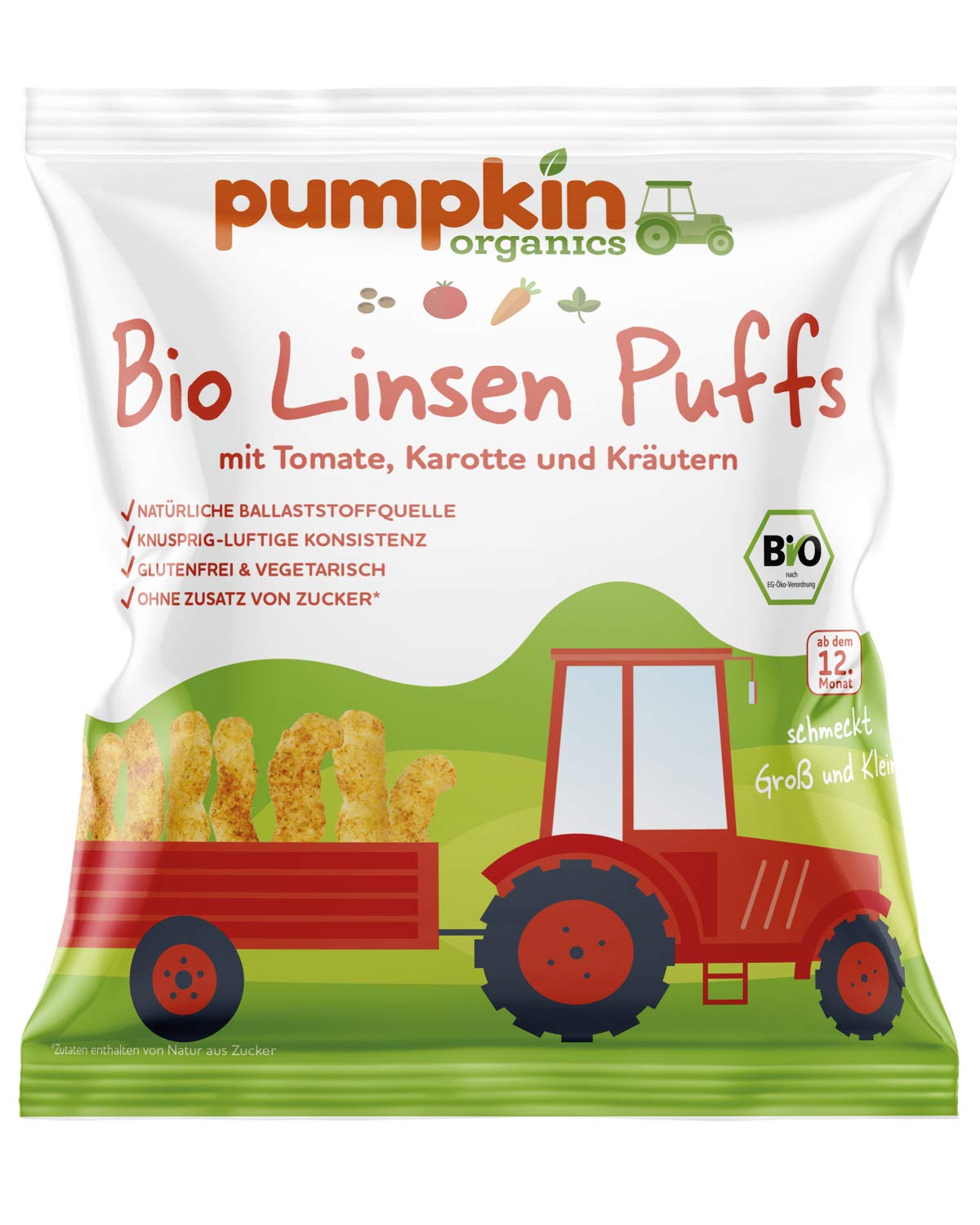 Pumpkin Organics Bio Linsen Puffs mit Tomate, Karotte & Kräutern, für Kinder und Babys ab dem 12. Monat, 8er Pack (8x20g)