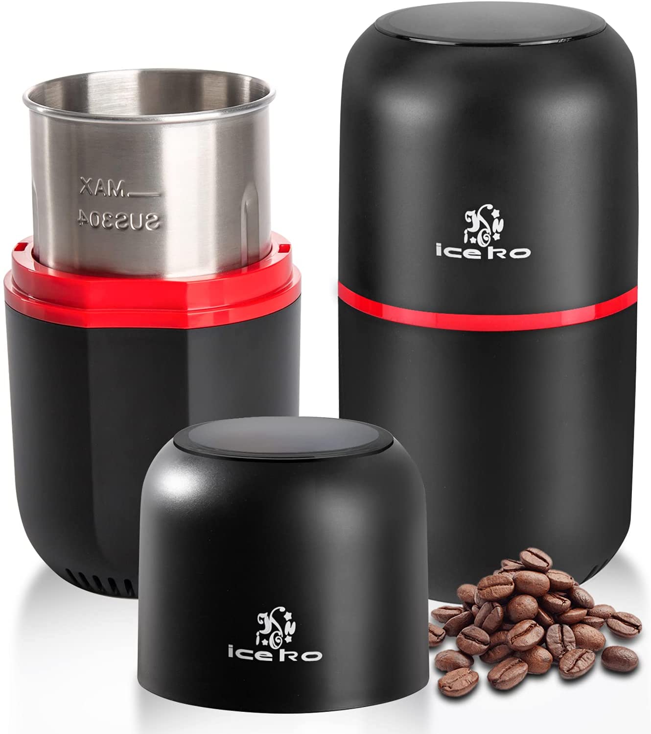 ICEKO KN ICEKO-KN Electric Coffee Grinder and Spice Mill in One (150 Watt, 120 g Capacity, 30,000 RPM, Stainless Steel, Safety Lid), Espresso Grinder, Black