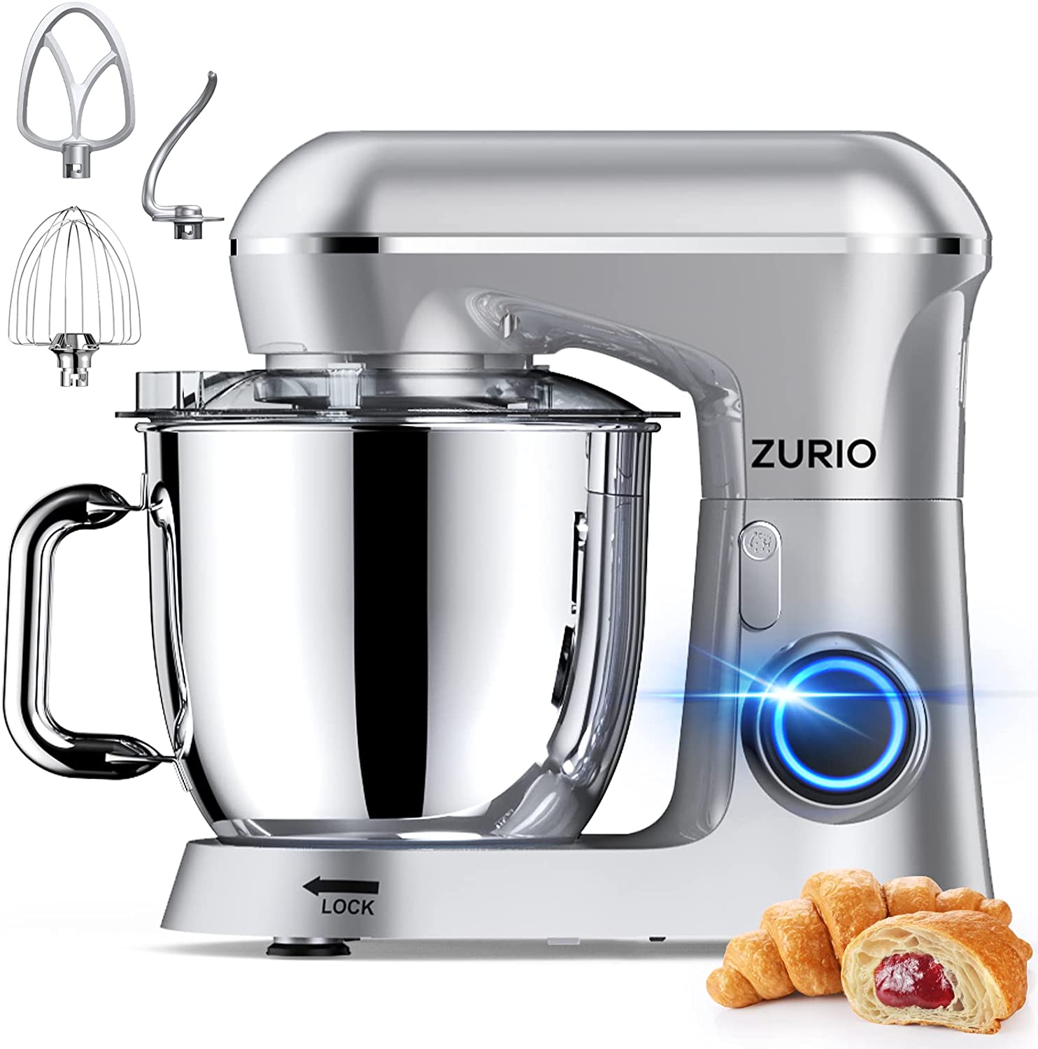 zurio Zuiro Food Processor Mixer 1300 W 4.5 L Kneading Machine Mixing Machine 10-Speed Robot Kneading Machine with Quiet Fermentation Function, with Accessories Dough Hook, Whisk, Kneader, Silver