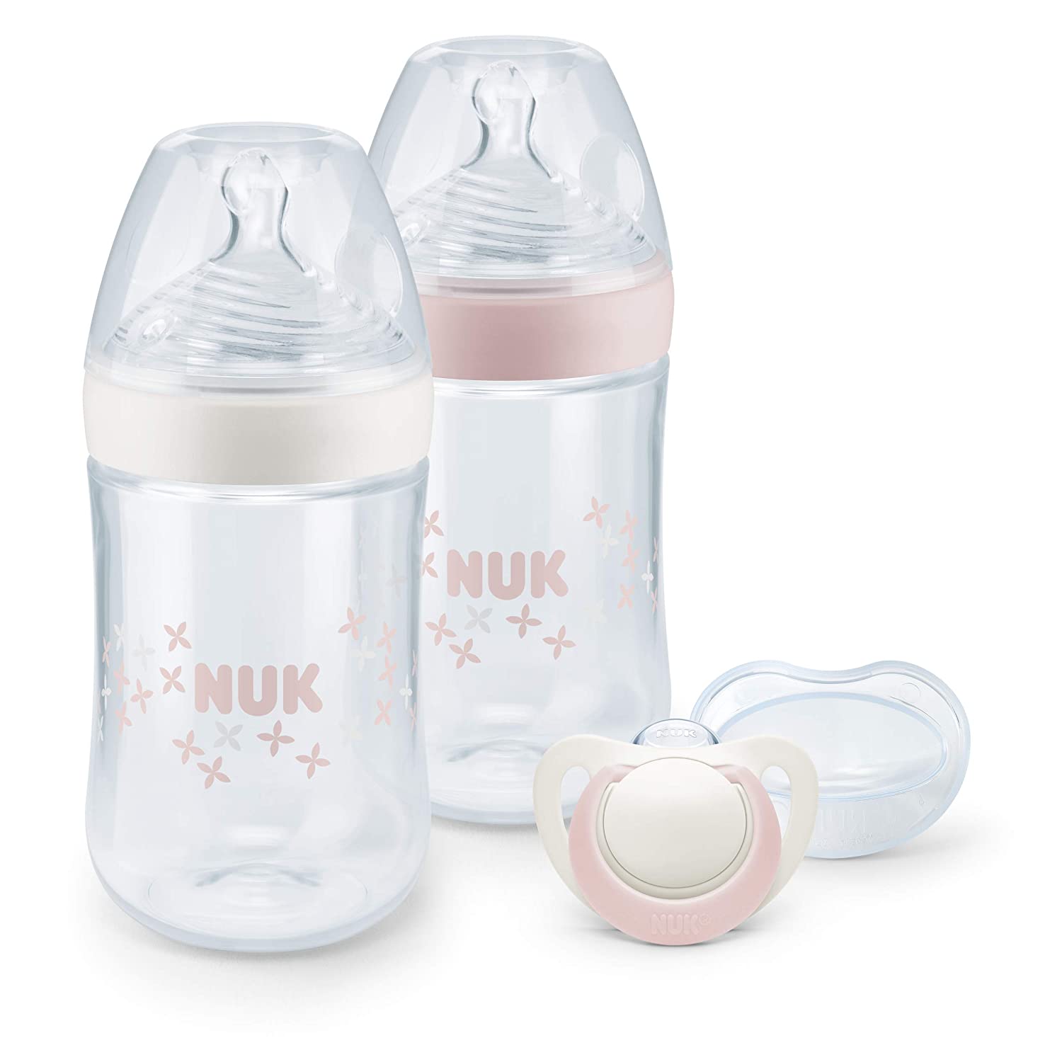 NUK 10225145 Nature Sense 2 Baby Bottles + 1 Pacifier, Pink 260 ml