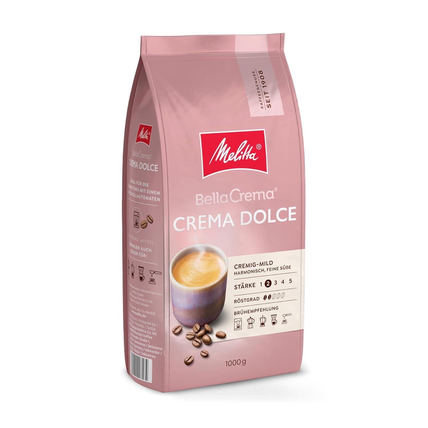 Melitta BellaCrema Crema Dolce Whole Coffee Beans 1 kg, Unground, Coffee Beans for Fully Automatic Coffee Machine, Gentle Roasting, Roasted in Germany, Strength 2