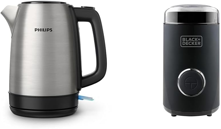Philips Daily Collection Metal Kettle Spring Lid & Black + Decker BXCG150E - Electric Mill for Coffee, Nuts