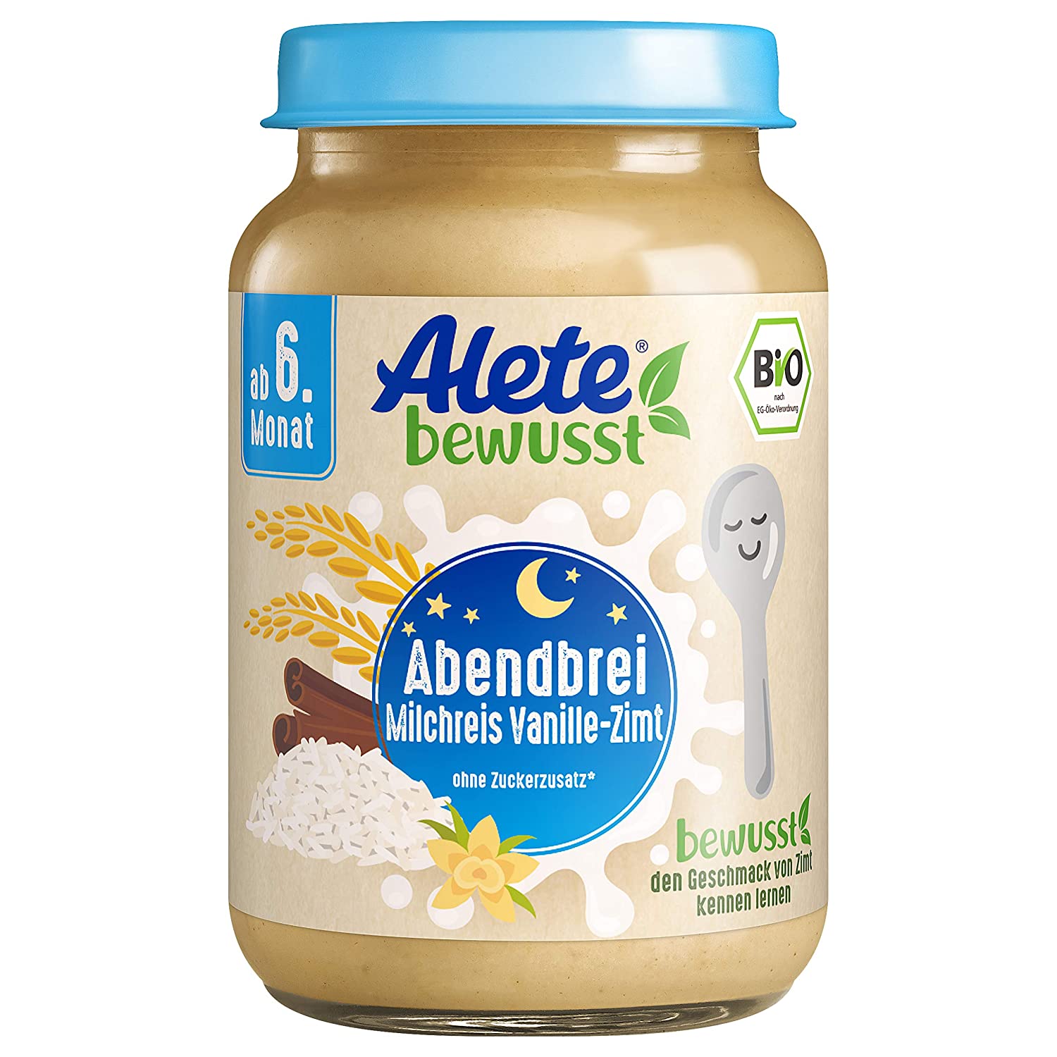 Alete Bio Gläschen Abendbrei Milchreis Vanille-Zimt, Babynahrung in Bio-Qualität, ohne Palmöl & Zuckerzusatz, ab dem 6. Monat, 6er Pack (6 x 190 g)