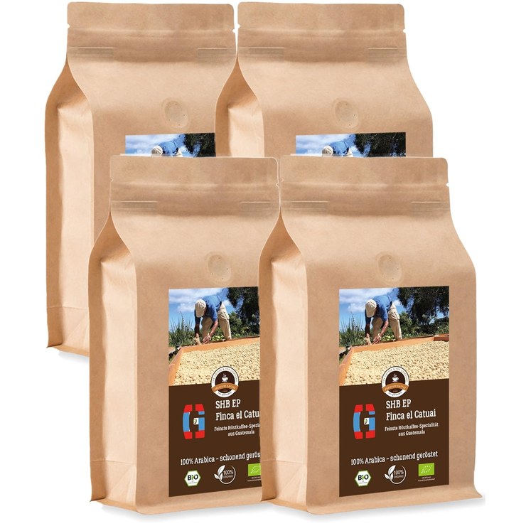 Coffee Globetrotter - Organic Guatemala SHB EP Finca El Catuai - 4 x 1000 g Medium Ground - for Fully Automatic Coffee Grinder - Roasted Coffee from Organic Cultivation | Gastropack Economy Pack