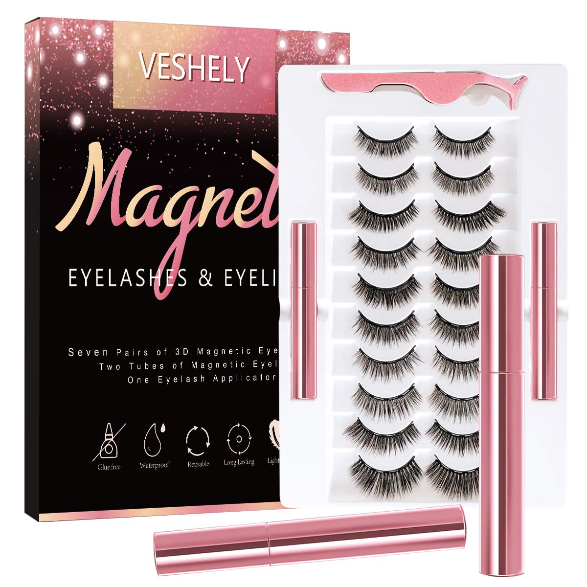 EYEKESHE Magnetic Eyelashes with Eyeliner Kit, 3D Natural Magnetic Eyelashes Set with Applicator and 2 Waterproof Magnetic Eyeliner (10 Pairs)