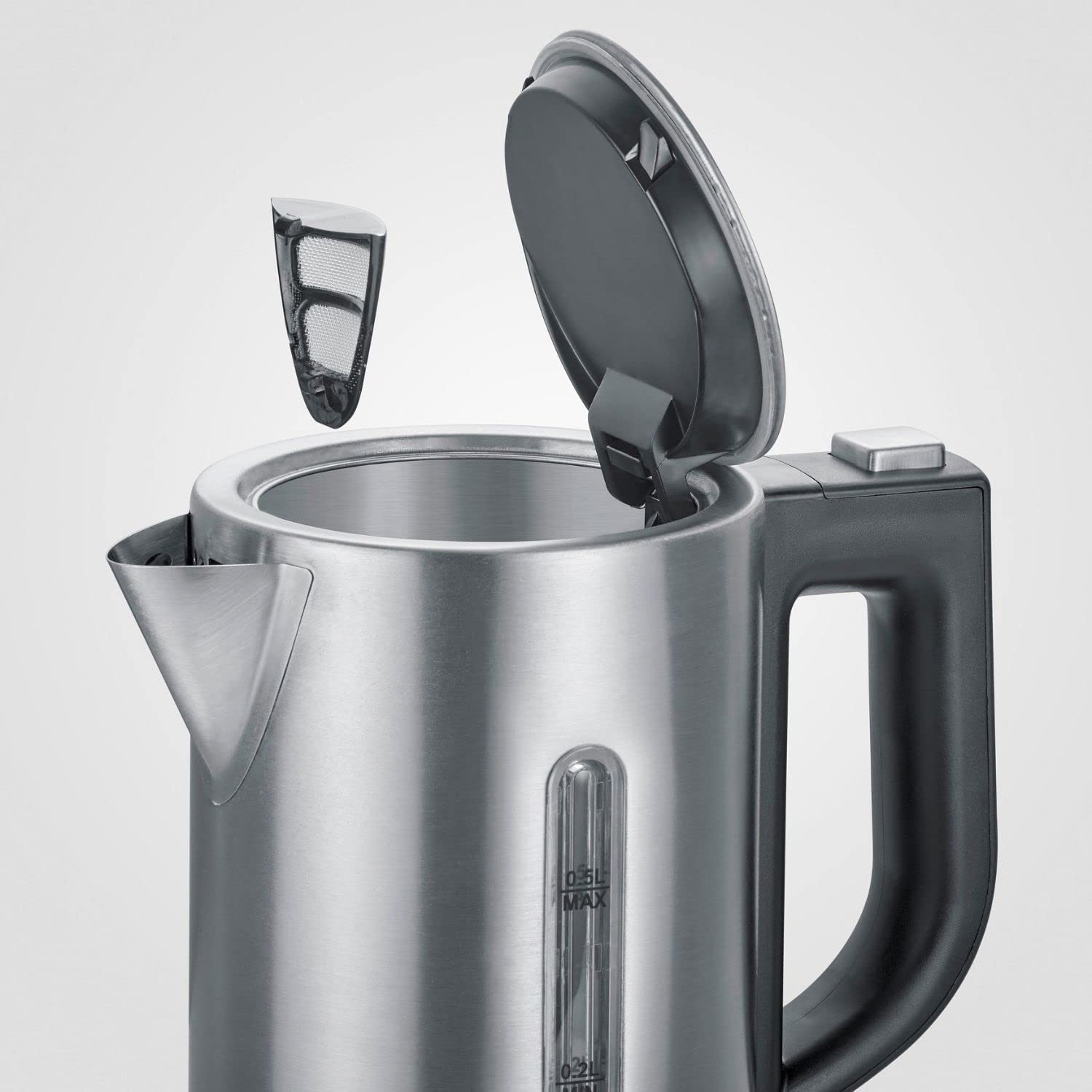 SEVERIN Travel Kettle Set, Mini Travel Kettle for 0.5L Electric Kettle with 2 Plastic Cups & 2 Spoons, Brushed Stainless Steel/Black, WK 3647