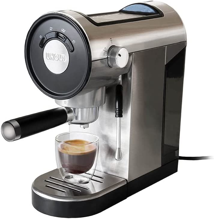 Unold PICCOPRESSO 28636 Espresso Machine Stainless Steel for 1-2 Cups Espresso, with Swivelling Milk Foam Nozzle, Hot Water Function, 0.9 Litre Water Tank, 1150-1360 Watt