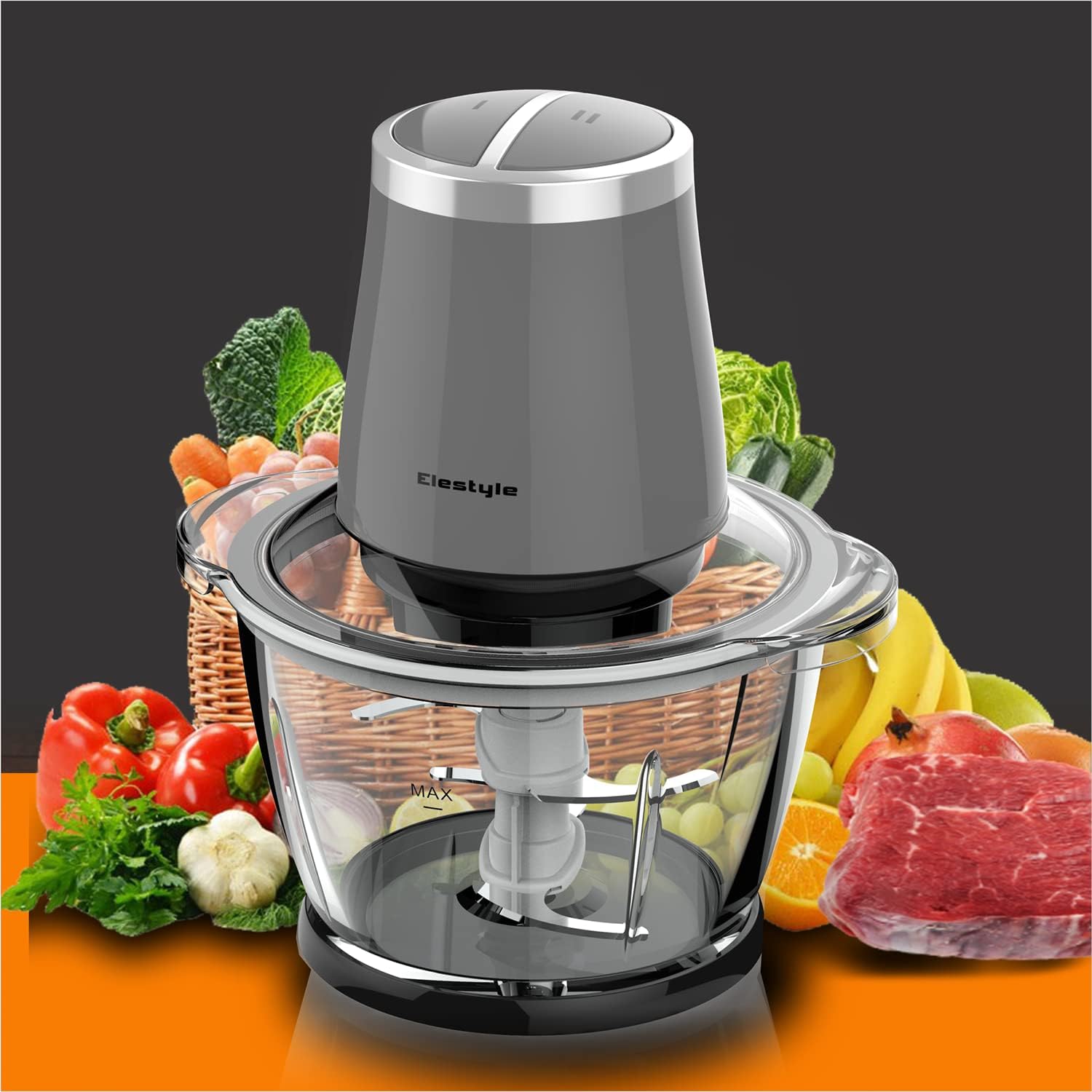 Elestyle Electric Kitchen Chopper with 4 Stainless Steel Blades, Universal Chopper with 1.2 L Glass Container, Meat Grinder, 500 Watt Multi Chopper with 2 Speed ​​Levels