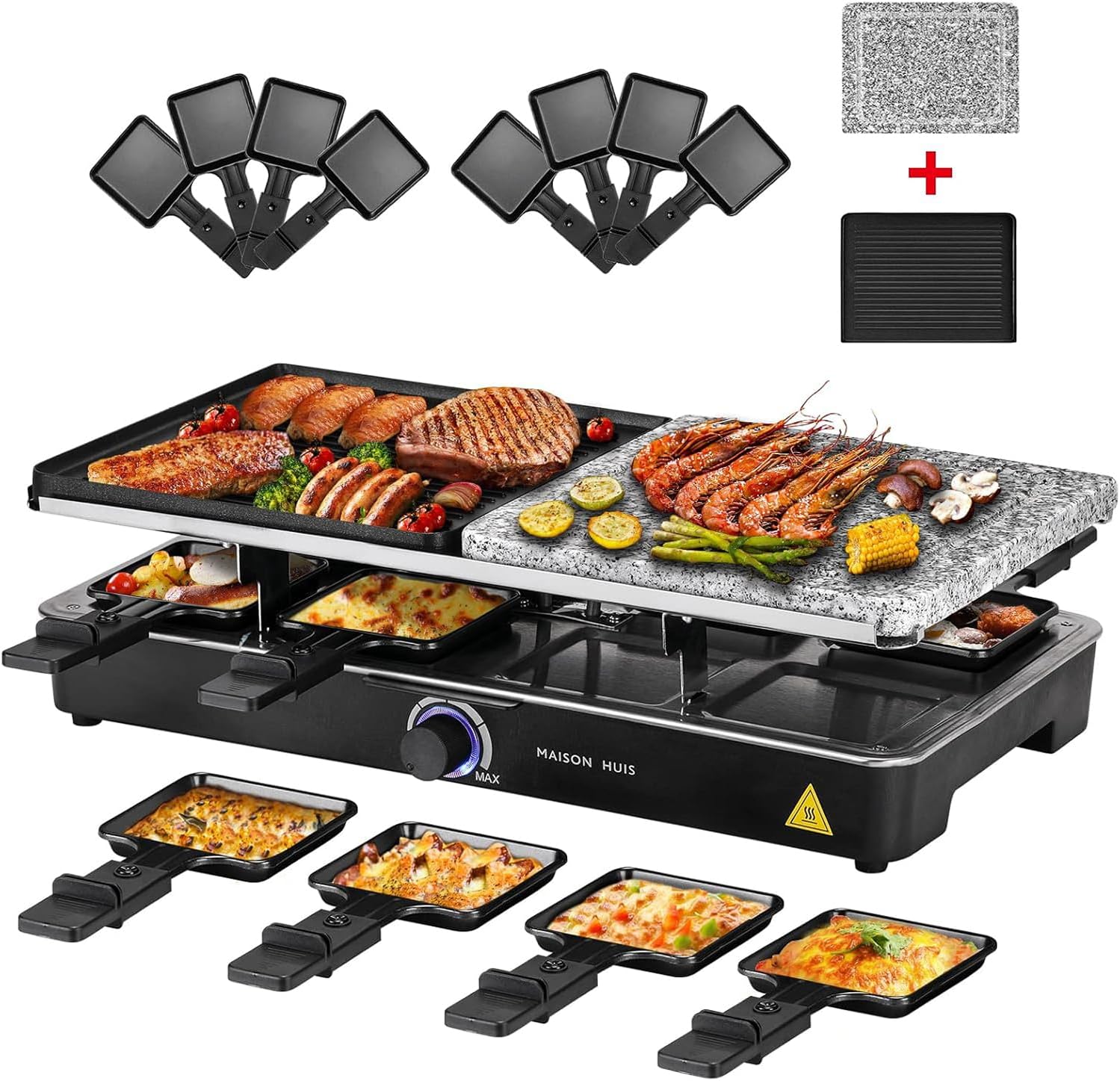 Raclette Grill with Natural Grill Stone and Grill Plate, 2-in-1 Raclette Grill, 8 People Grill Plate, Table Grill, Electric Grill, Hot Stone, 1400 Watt with 8 Pans