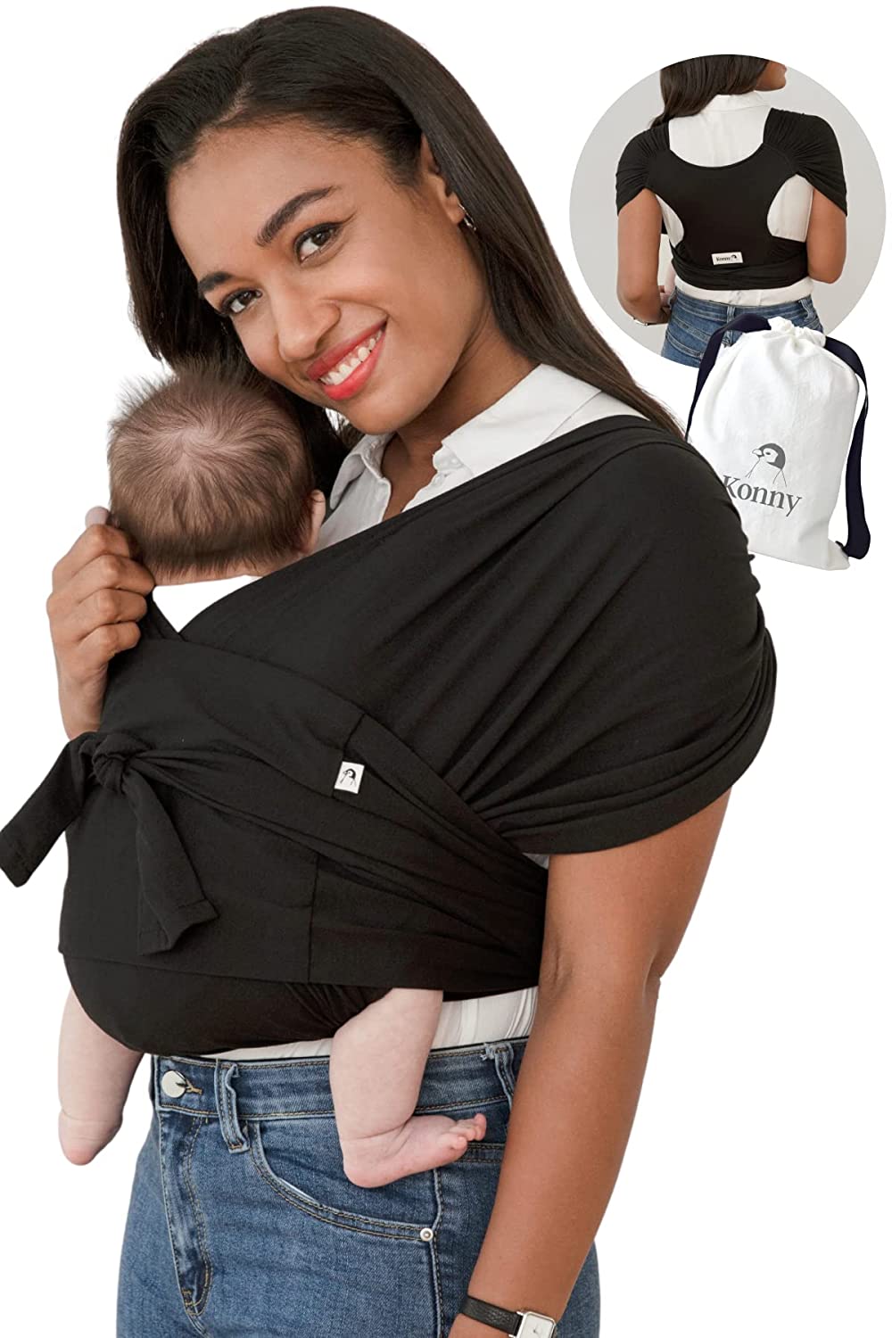 Konny Baby Carrier | Ultra-Light, Easy Baby Sling | Newborns, Infants up to 20 kg Toddlers | Soft and Breathable Fabric | Useful Sleep Solution (Black, L)