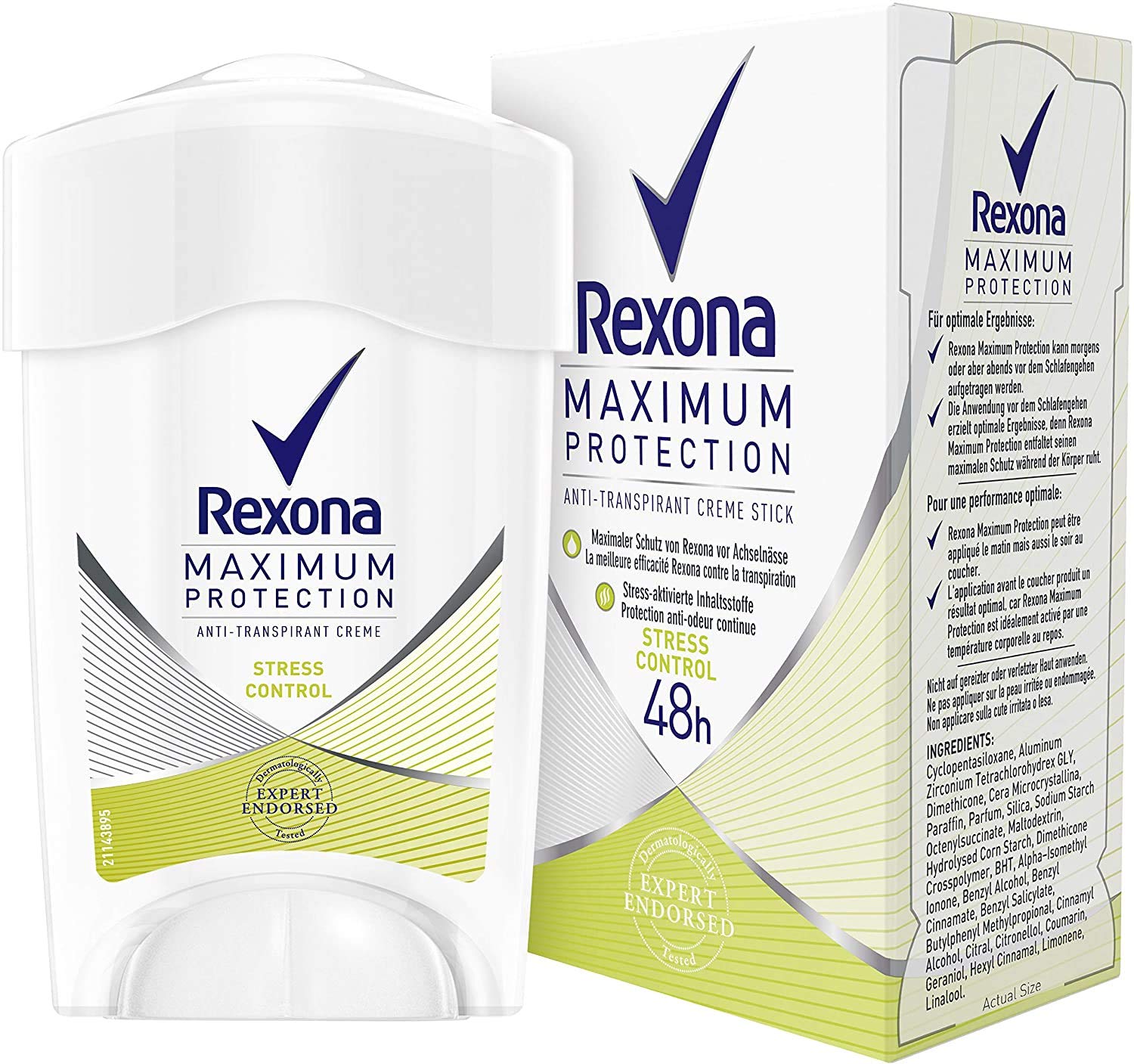 Rexona Maximum Protection Anti-Perspirant Cream Stick for Long-Lasting Fresh, Stress Control, 48 hours Protection (1 x 45 ml)
