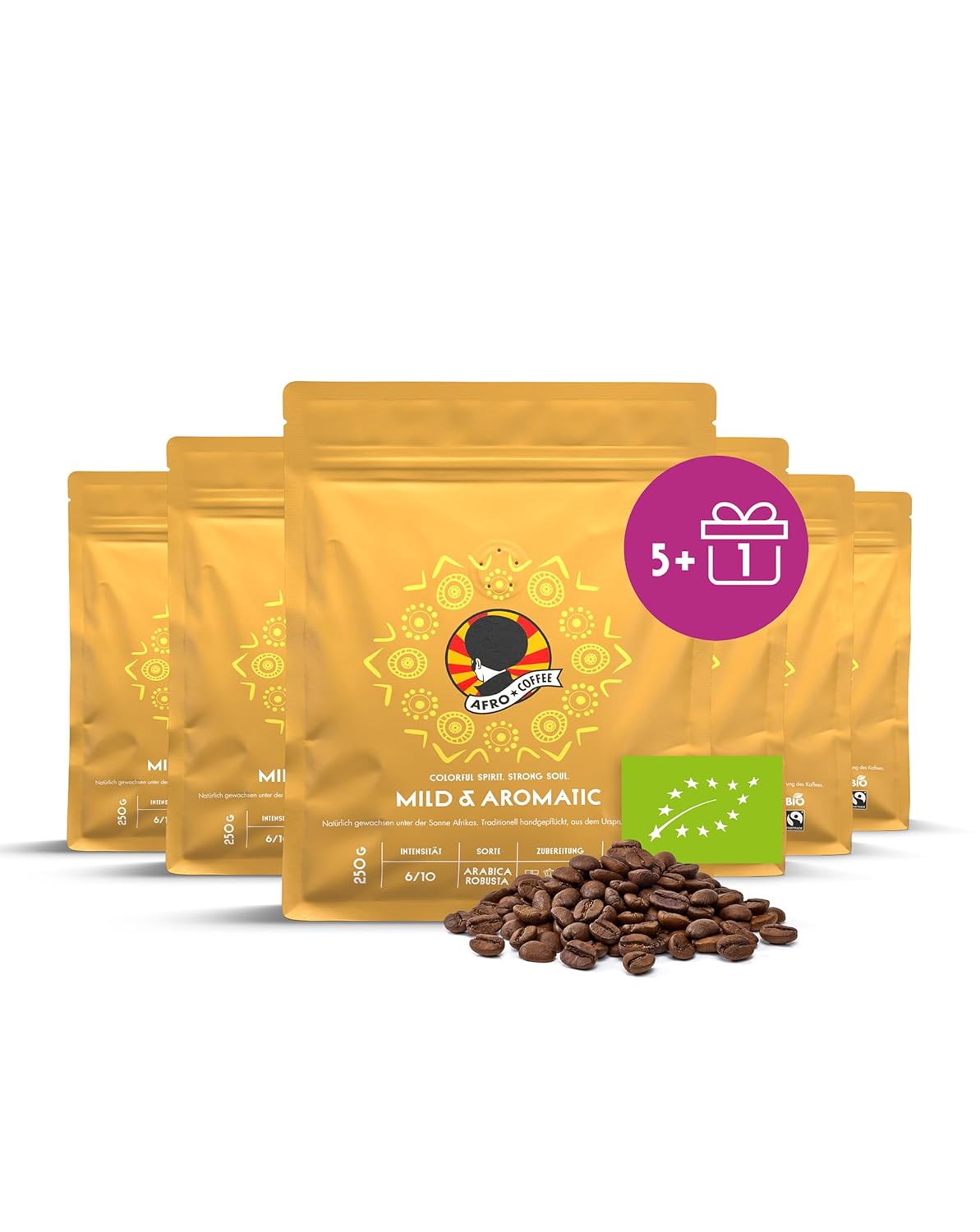 AFRO COFFEE Mild & Aromatic I 5+1 Offer 250 g Premium Organic Coffee Beans Fairtrade I Arabica & Robusta Whole Beans I Bean Coffee from East Africa I Floral Note, Hand Picked, Medium Roasted, Low Acid