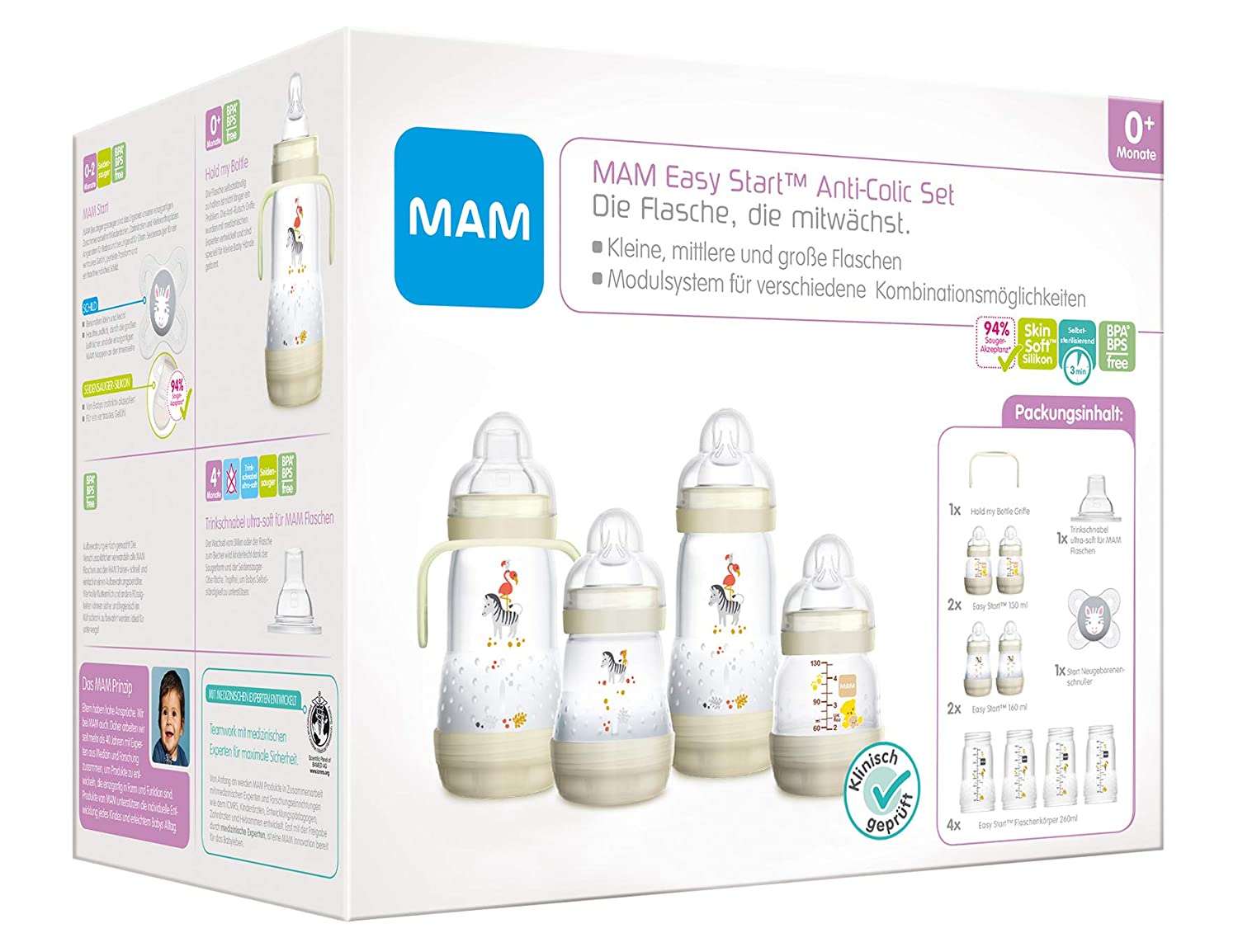 MAM Easy Start Anti-Colic Baby Bottle Set, Baby Grooming Kit with Pacifier, Bottles etc., Baby Gift Set, from birth, Animals, Assorted Colors