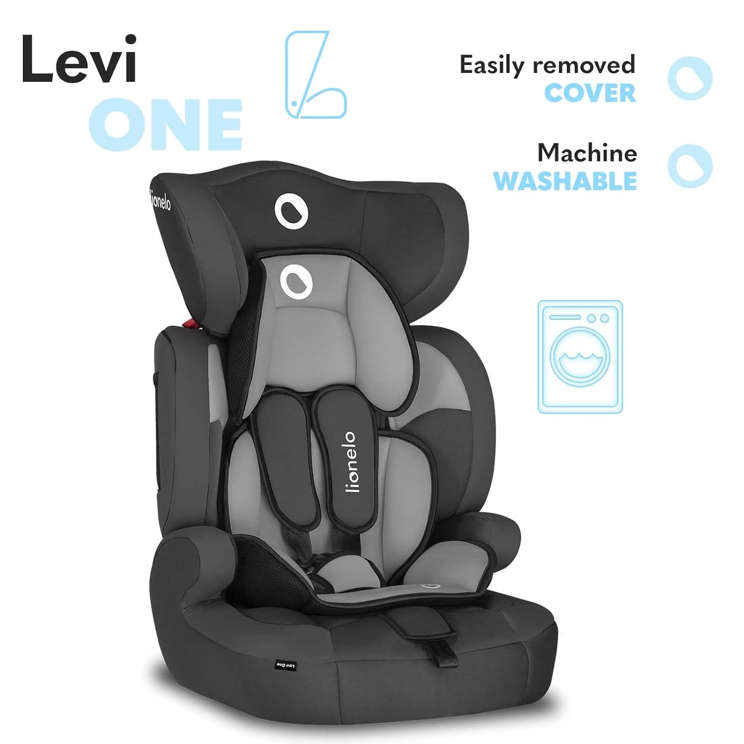 Lionelo Levi One Child Seat 9-36 kg Height Adjustable Recessed Headrest Side Protection Removable Backrest Seat Reducer 5-Point Harness lagoon