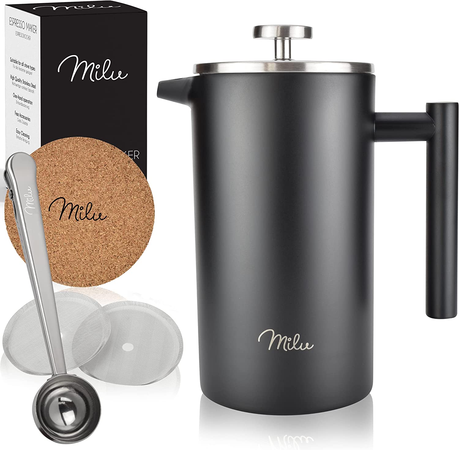 Milu French Press Coffee Maker | 350ml, 600ml, 1L | Stainless Steel Coffee Press Coffee Maker for Home Travel Camping Includes Coaster, Spoon, Replacement Filter (Black, 1000ml (5 Cups)