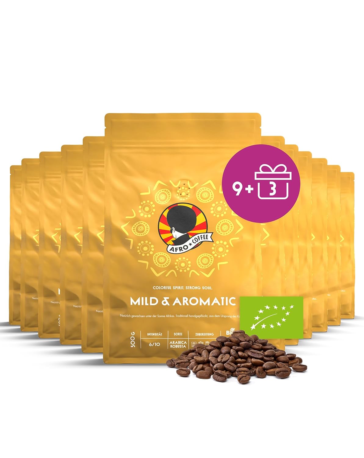 AFRO COFFEE Mild & Aromatic I 9+3 Offer 500 g Premium Organic Coffee Beans Fairtrade I Arabica & Robusta Whole Beans I Bean Coffee from East Africa I Floral Note, Hand Picked, Medium Roasted, Low Acid