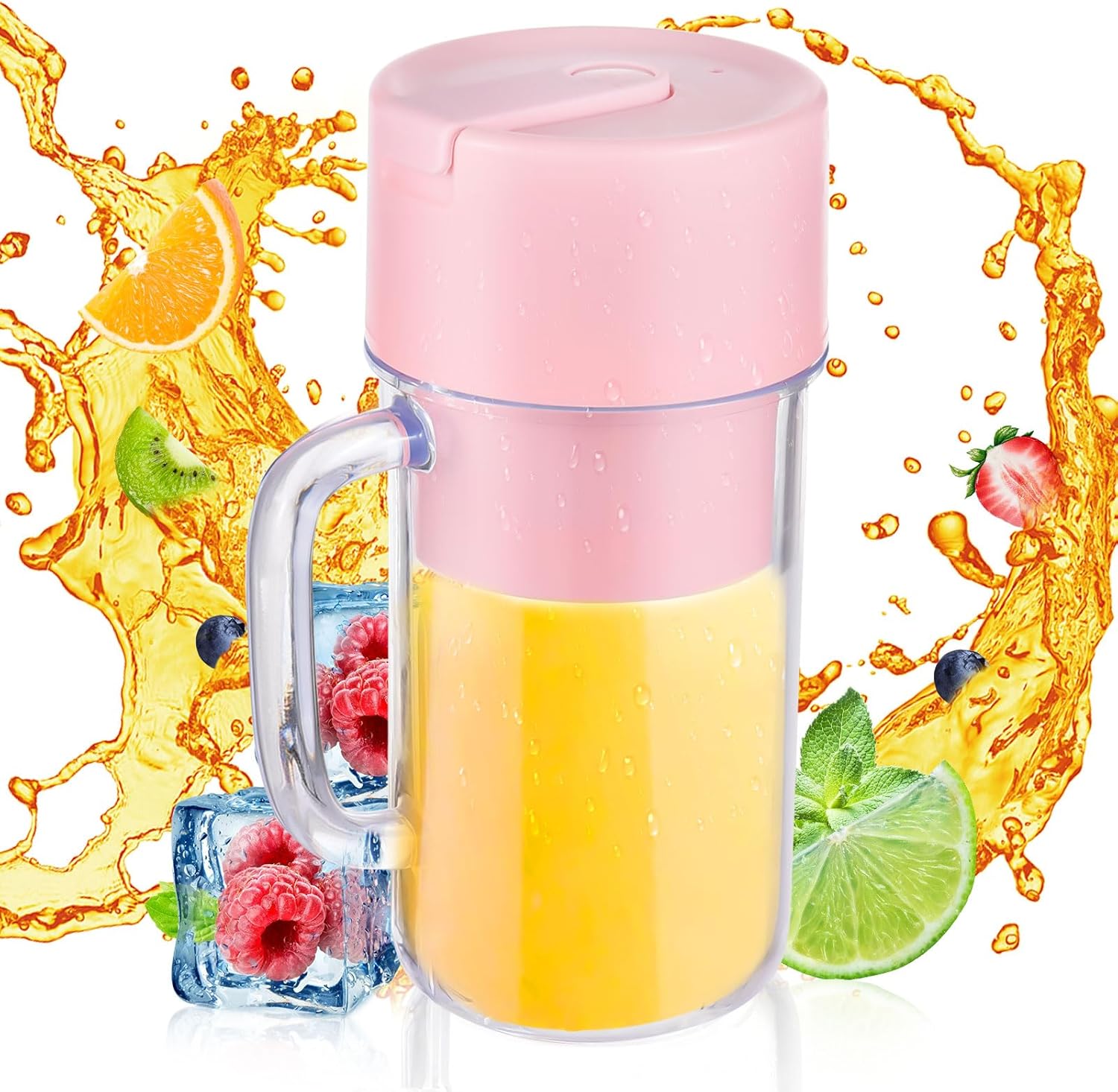 Portable Mixer with 6 Blades, USB Type-C Rechargeable Mixing Cup, 1200 mAh Battery, IP67 Waterproof, Ergonomic Handle, BPA-Free in Pink (Pink)