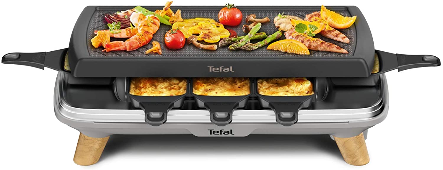 Tefal Raclette Gourmet RE610D | Raclette and Table Grill | 8 People | Extra Deep Frying Pan | Non-Stick Coating | Dishwasher Safe | On/Off Switch | Removable Cable | 1350 W