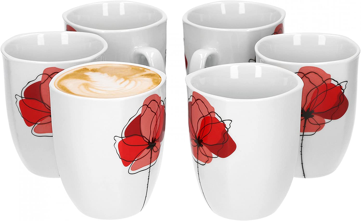 Van Well Monika Set of 6 Coffee Mugs, 330 ml, Height 10.3 cm, Coffee Cup, Flower Decor, Fine Branded Porcelain