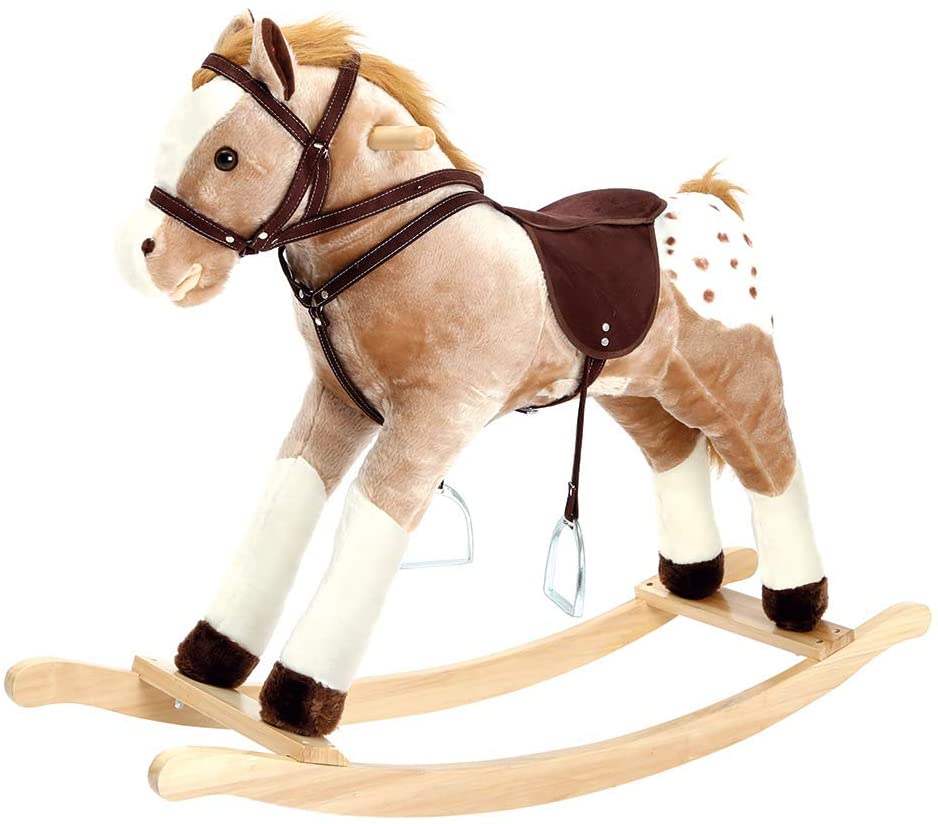 Bino & Mertens plush rocking horse 82533, maxi, white-brown, moves at the touch of a button, mouth, tail and neighbours. For children from 3 years, up to 50 kg body weight. Size: 105 x 30 x 90 cm.