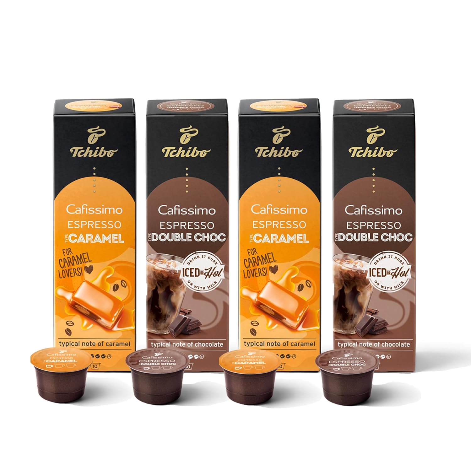 Tchibo Cafissimo Flavored Edition Espresso Caramel & Espresso Double Chocolate, 40 Pieces (4 x 10 Coffee Capsules), Sustainable & Fair Trade