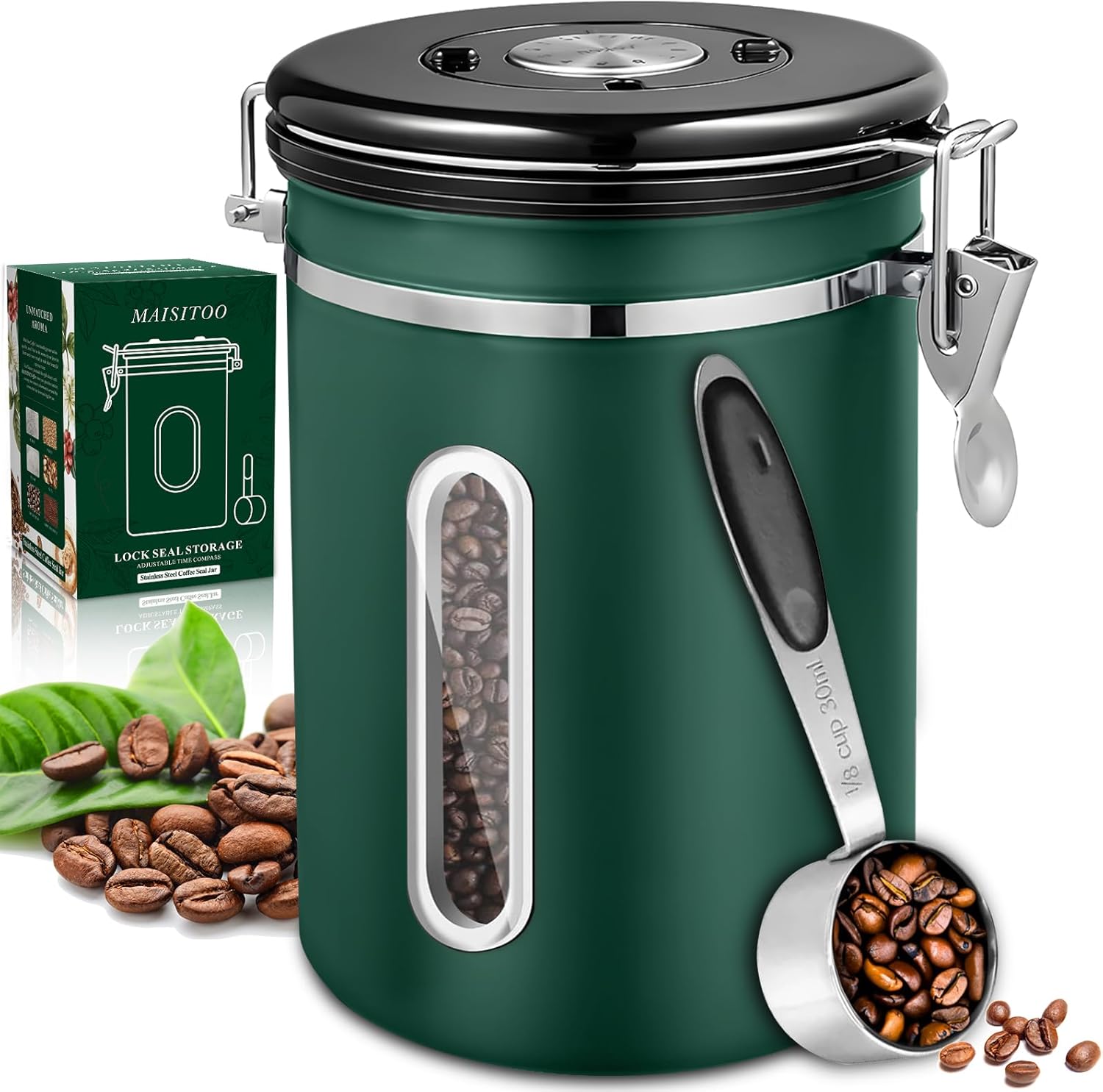 Coffee Canister Airtight 1.8 L, Coffee Bean Container Made of Stainless Steel with Transparent Window, Date Display and Portioner, Storage Container for the Aroma Protection of Your Coffee,