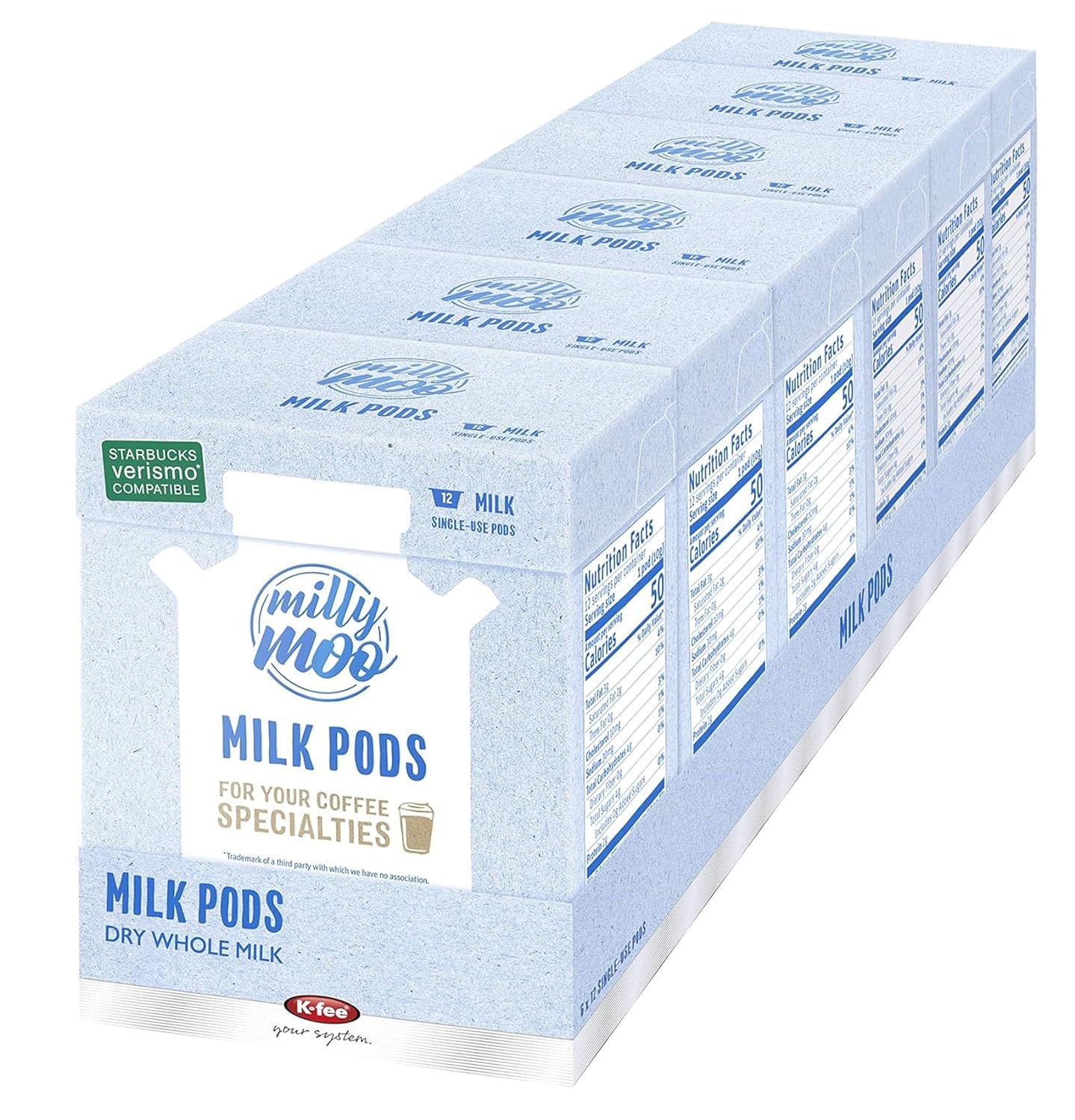 Milly Moo Milk Capsules for Your Coffee Specialties, Compatible with K-fee Capsule Machines, 100% Full Milk Powder, 6 x 12 Capsules (72 Capsules)