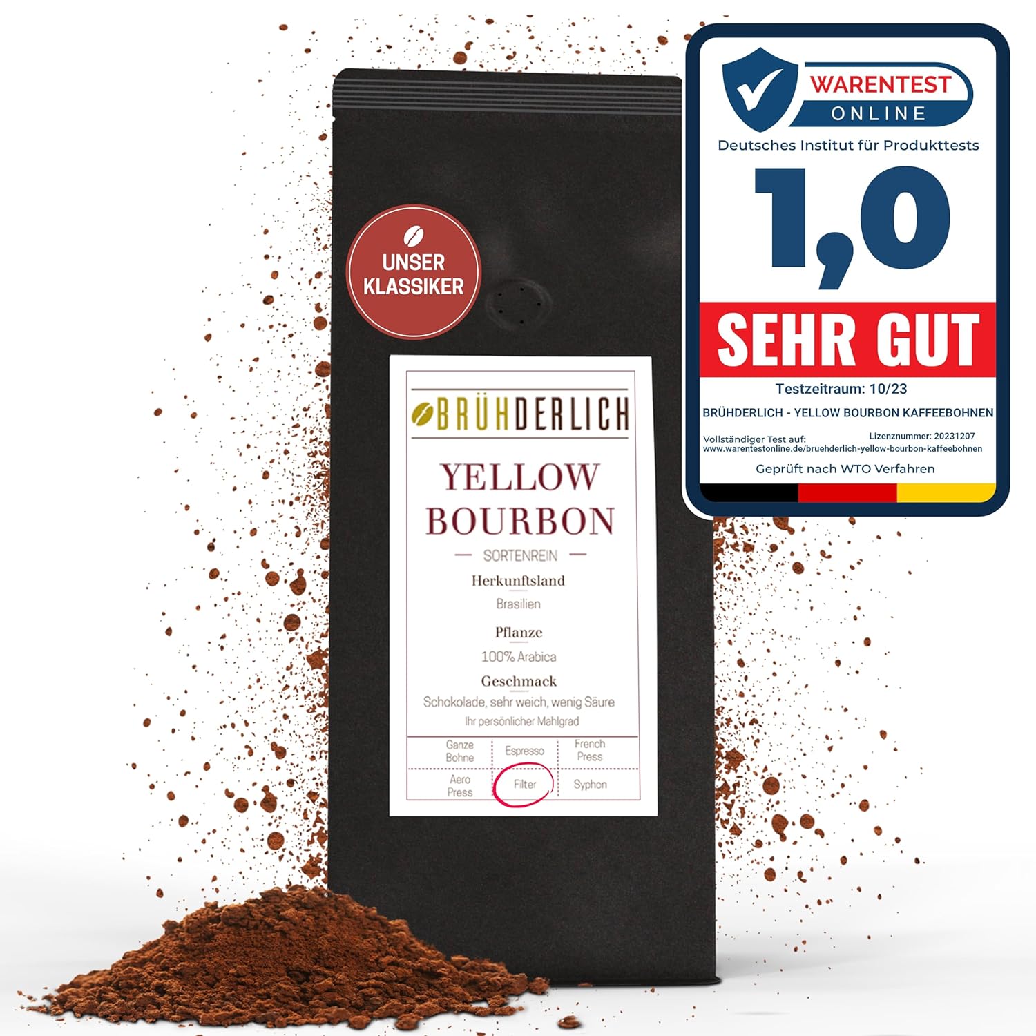 BRÜHDERLICH Yellow Bourbon Premium Ground Coffee Beans (500 g) - Exceptionally Mild and Low Acid - Special Arabica Coffee from Brazil - Freshly Ground Directly from the Roasting Factory