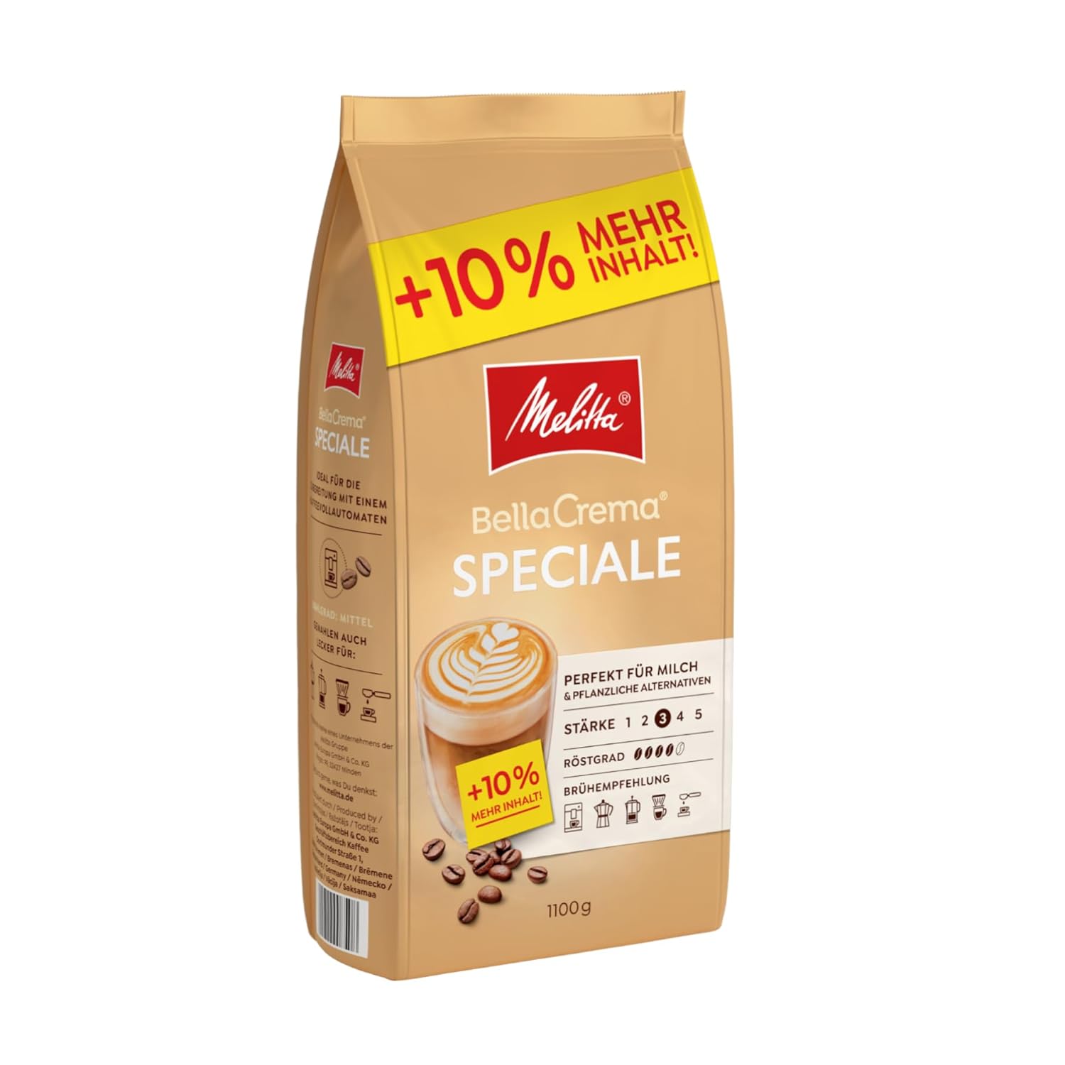 Melitta BellaCrema Speciale Whole Coffee Beans 1.1 kg, Unground, Coffee Beans for Fully Automatic Coffee Machine, Gentle Roasting, Roasted in Germany, Strength 2
