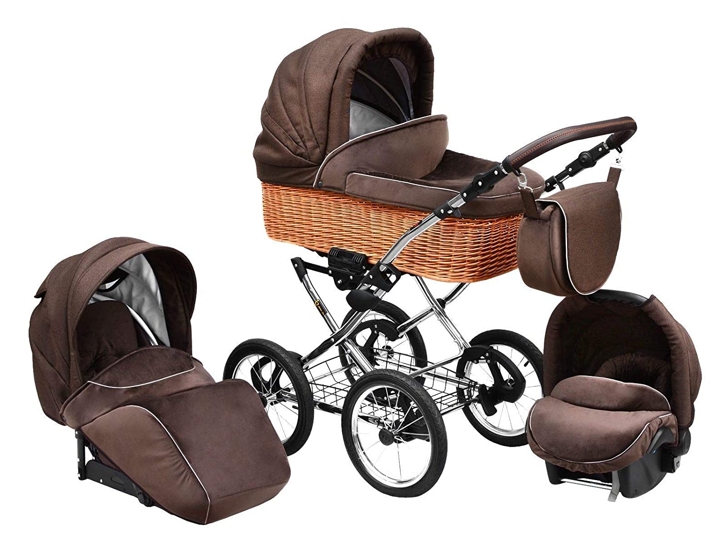 Lux4Kids Retro Pushchair Nature One Pneumatic Tyres Willow Wicker Basket Nature Coffee 05 4-in-1 Car Seat + Isofix