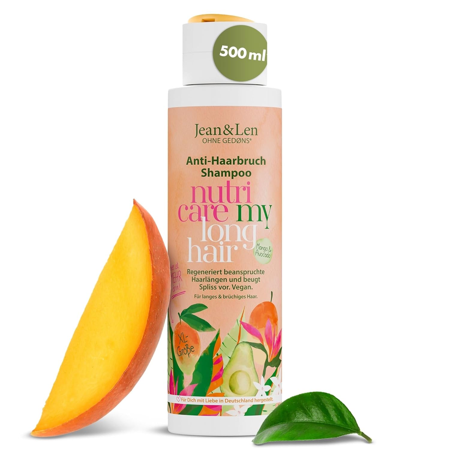 Jean & Len Mango & Avocado Anti-Hair Breakage Shampoo for Long & Brittle Hair, Regenerates Stressed Hair Lengths and Prevents Split Ends, Fruity Mango Fragrance, Silicones & Parabens, Vegan, 500 ml