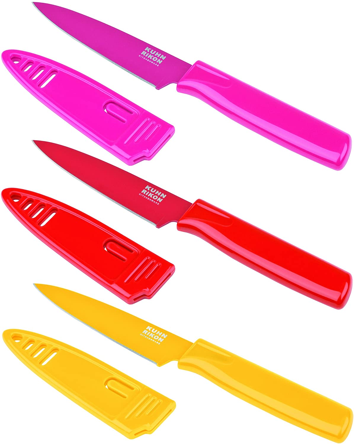 KUHN RIKON Colori 22396 Knives Set of 3 Vegetable Knives 1 Offset Knife Set Yellow / Red / Fuchsia 19.5 cm with Blade Guard