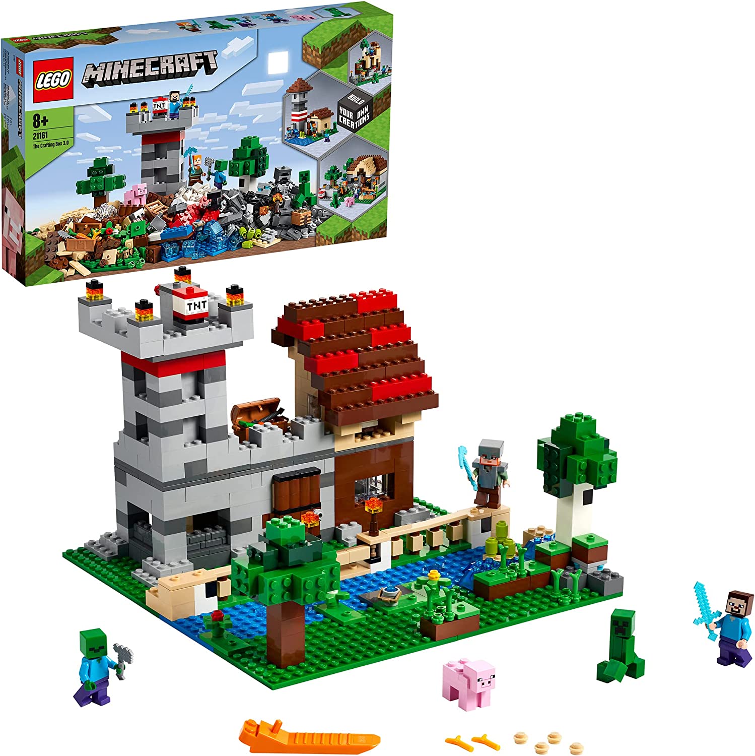 LEGO 21161 Minecraft The Crafting Box 3.0, 2-in-1 Set with Castle or Farm, with Figures: Steve, Alex and Creeper.