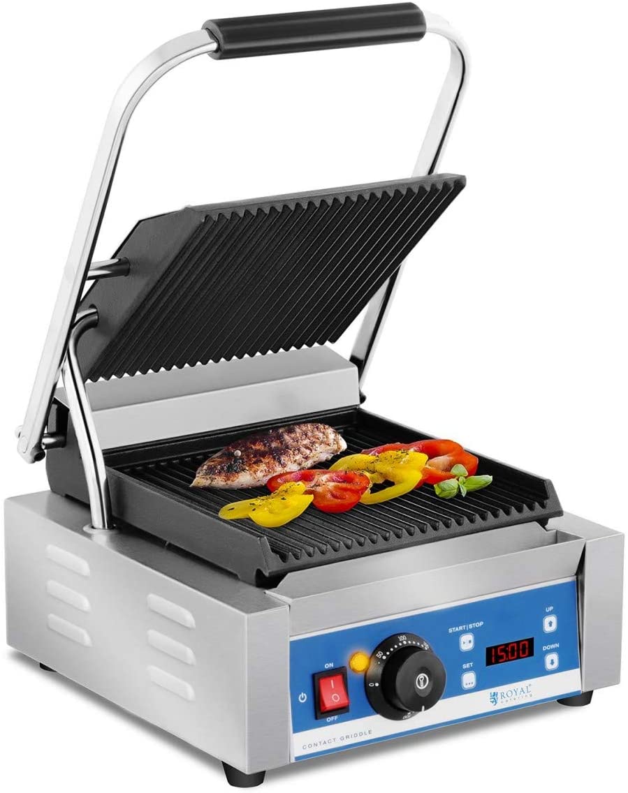 Royal Catering Pannini Grill Electric Grill (1800 W, 55-300 °C, Fluted Timer, 15 Minutes Drip Tray, 36.2 x 31.3 x 20.1 cm, Enamelled Cast Iron)