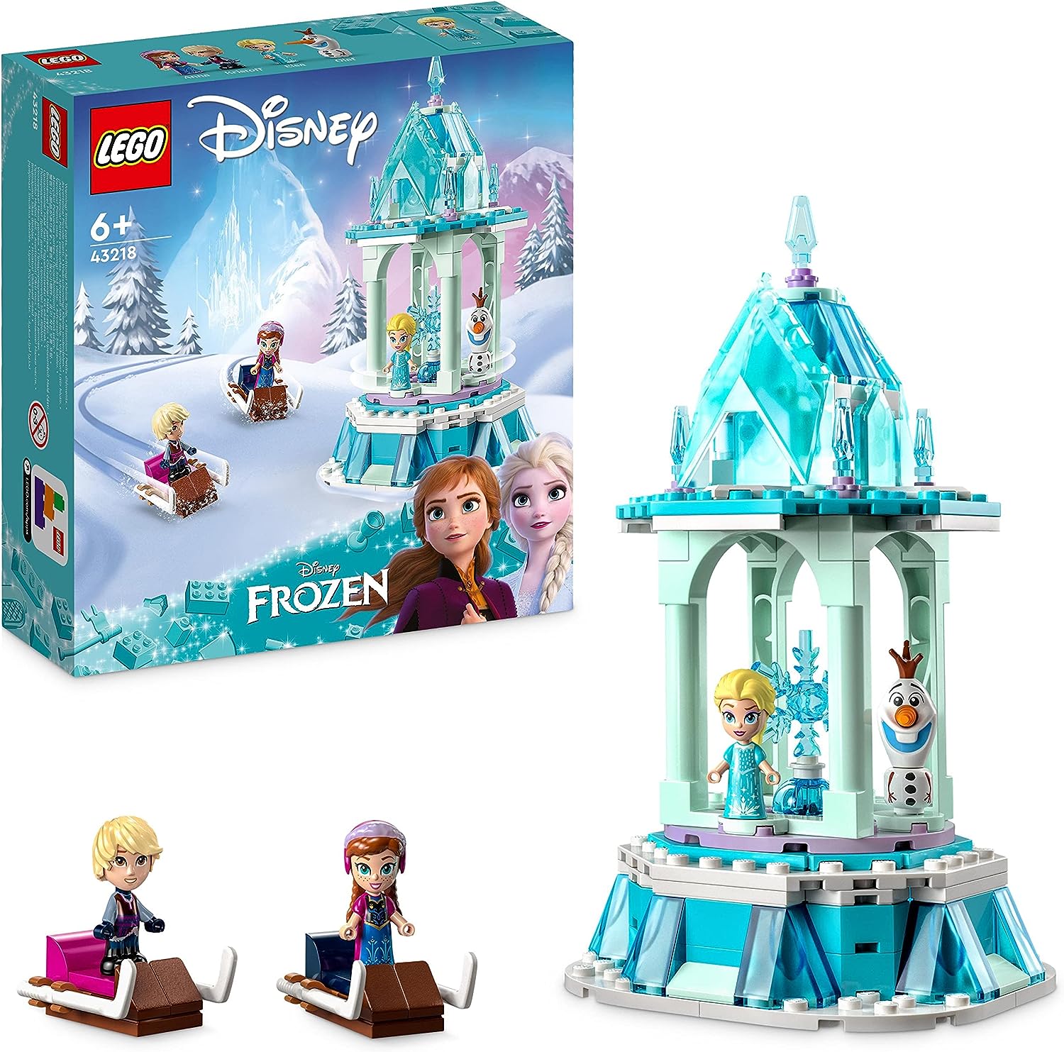 LEGO 43218 Disney Princess Anna and Elsa\'s Magic Carousel Frozen Toy Inspired by Frozen Ice Palace with 3 Iconic Micro Dolls Figures and Olaf Figure