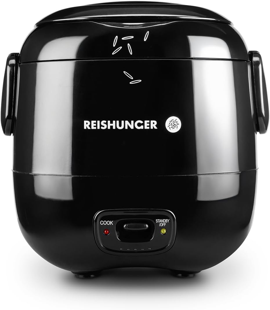 REISHUNGER Mini Rice Cooker, Black, 0.3 L, 1-2 Servings, High-Quality Ceramic Coating, Premium Pot, Handy Size for Small Households and on the Go