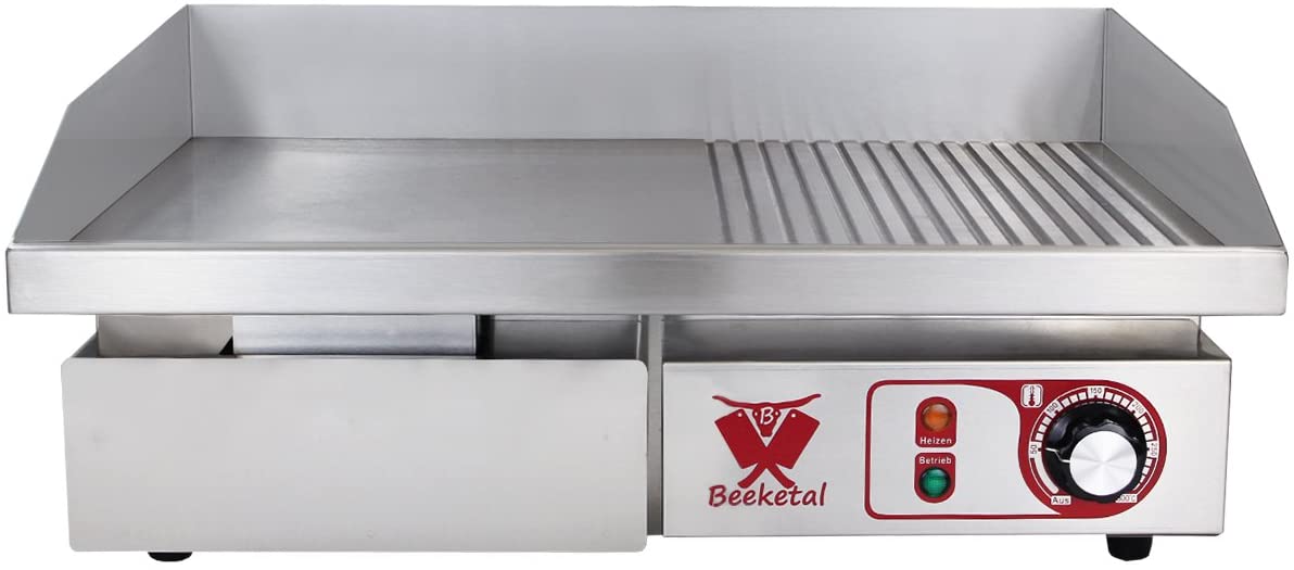 Beeketal professional cast iron grill plates, electric, temperature infinitely adjustable 50-300 °C, stainless steel catering table, electric grill with splash guard and large fat collection container