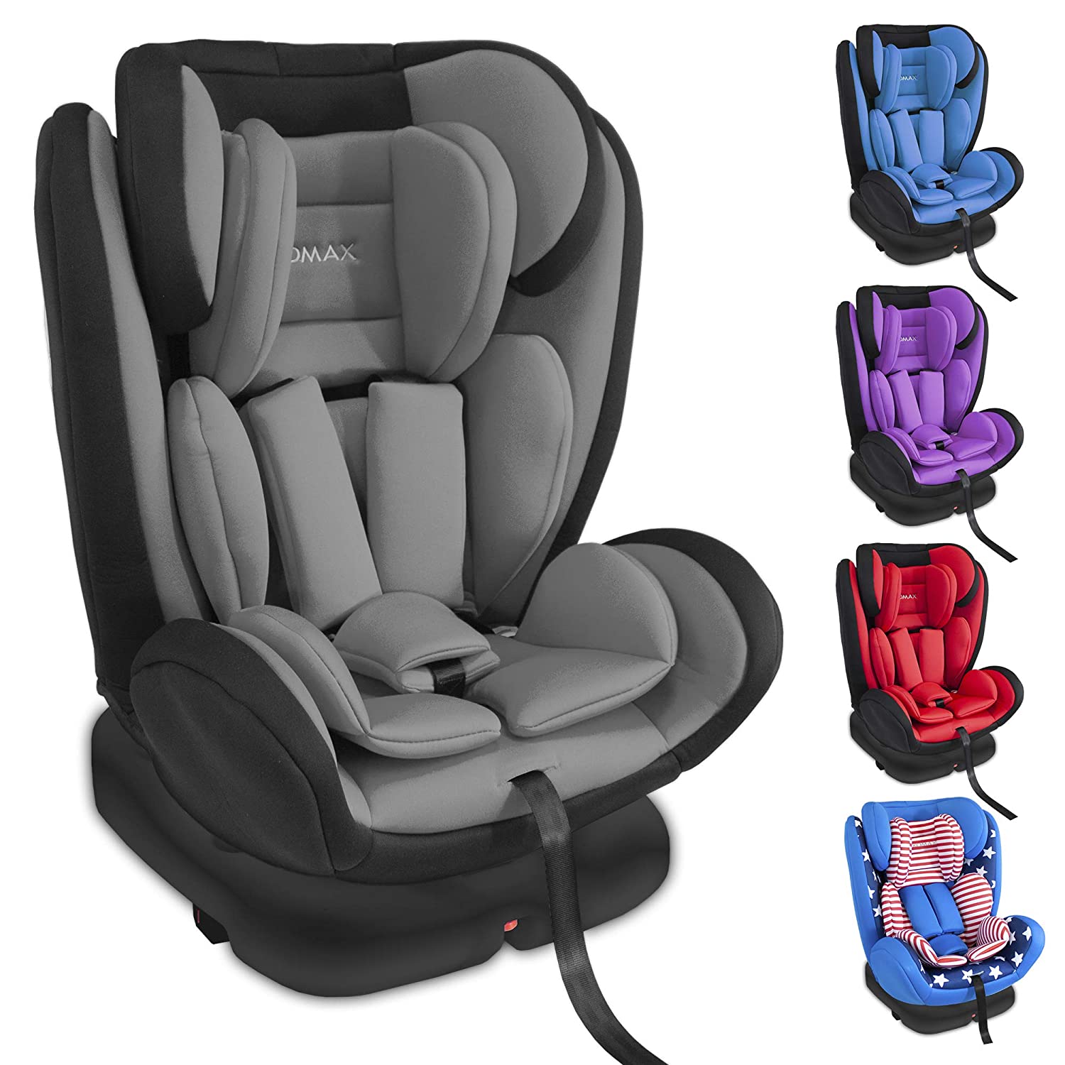 XOMAX KI360 Child Seat Rotatable 360° with Isofix and Reclining Function I grows I 0-36 kg 0-12 Years Group 0/1/2/3 I 5-Point Harness and 3-Point Harness Removable Cover Washable I ECE R44/04 grey