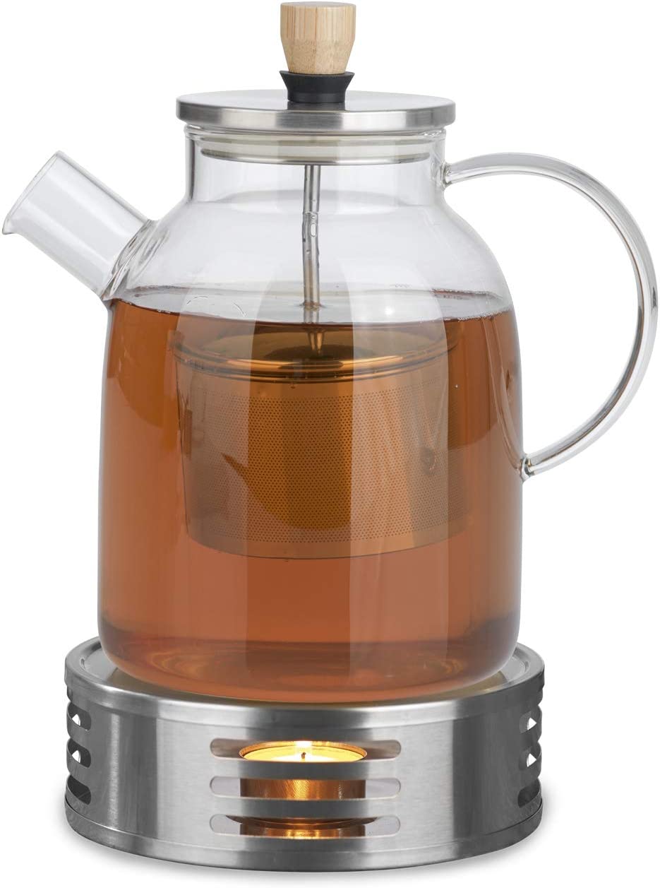 BEEM Teapot 1.5 L and Warmer Set | 1.5 L Glass Jug with Tea Strainer | Borosilicate Glass | Stainless Steel Warmer | Tea Light Holder | Easy to Clean | 12 Cups