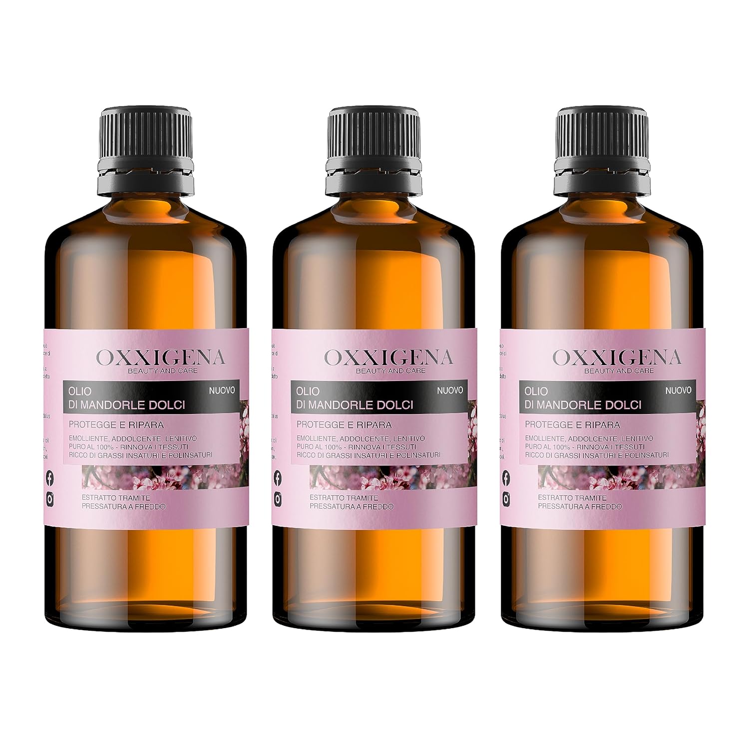 Oxxigena - 100% Pure and Natural Sweet Almond Oil 3 x 1L Bottles Cold Pressed Ideal for Body Massage, Moisturizer and Cleanser for Dry Skin and Frizzy Hair
