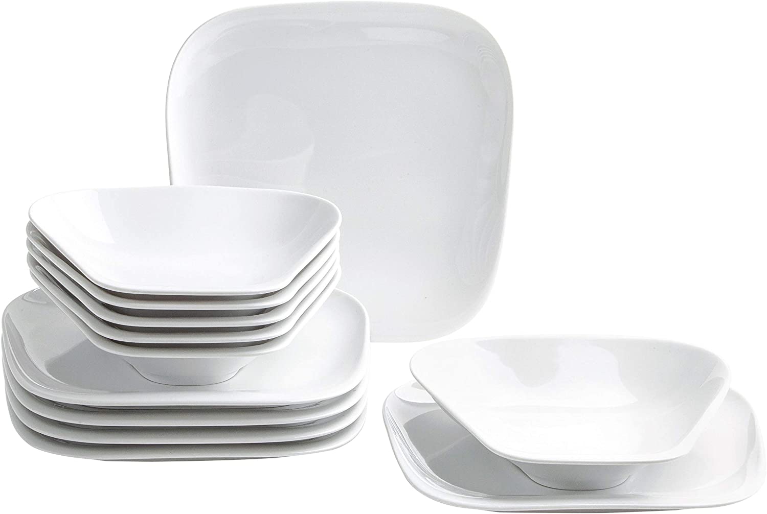 Kahla Elixyr 150222A90015C Porcelain Dinner Set for 6 People White Square Modern 12-Piece Plate Soup Plate Dinner Service Dinnerware