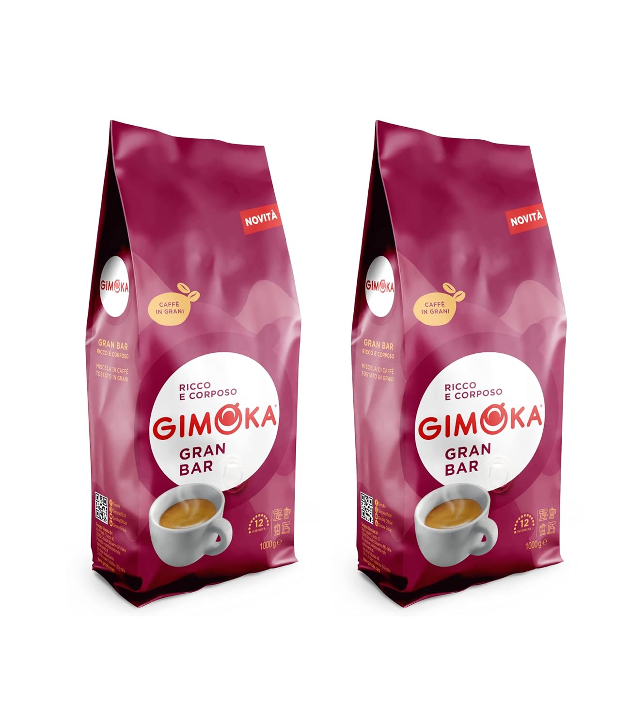 Gimoka - Whole coffee beans - 2 kg - mix GRAN BAR - intensity 12 - made in Italy - 2 packs of 1 kg
